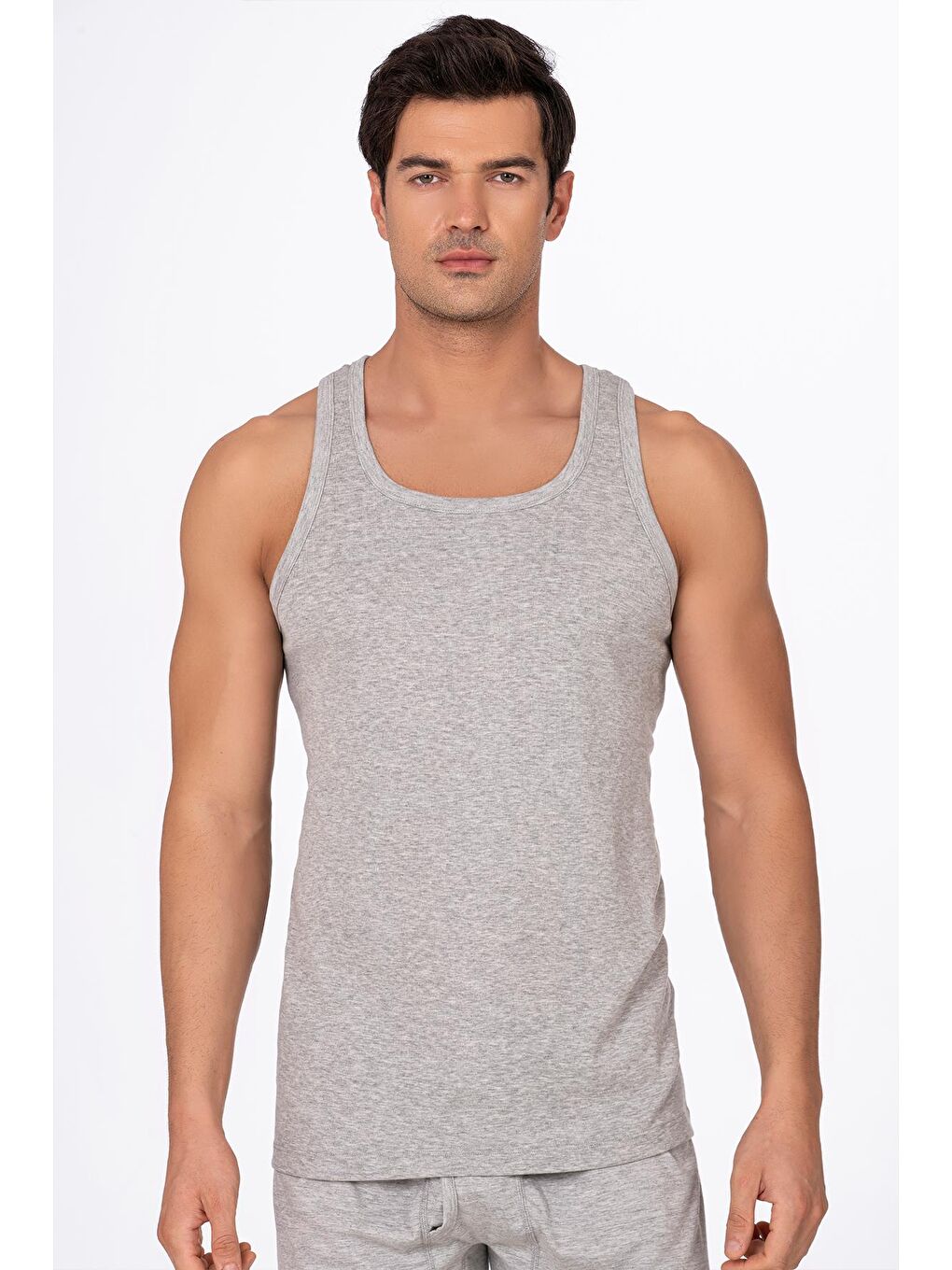 Erkek Pamuklu Ribana Sırtı Çapraz Sporcu Atlet | Gri Melanj K0058