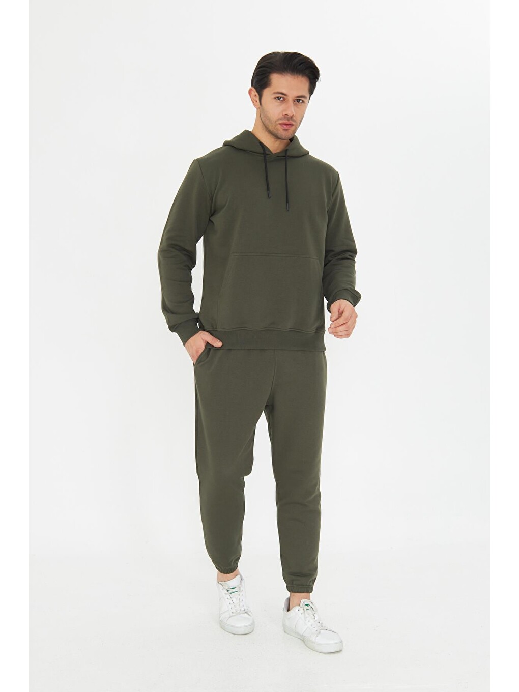 Haki Şardonsuz 3 Iplik Pamuklu Basic Kapüşonlu Unisex Eşofman Takımı 5737-1