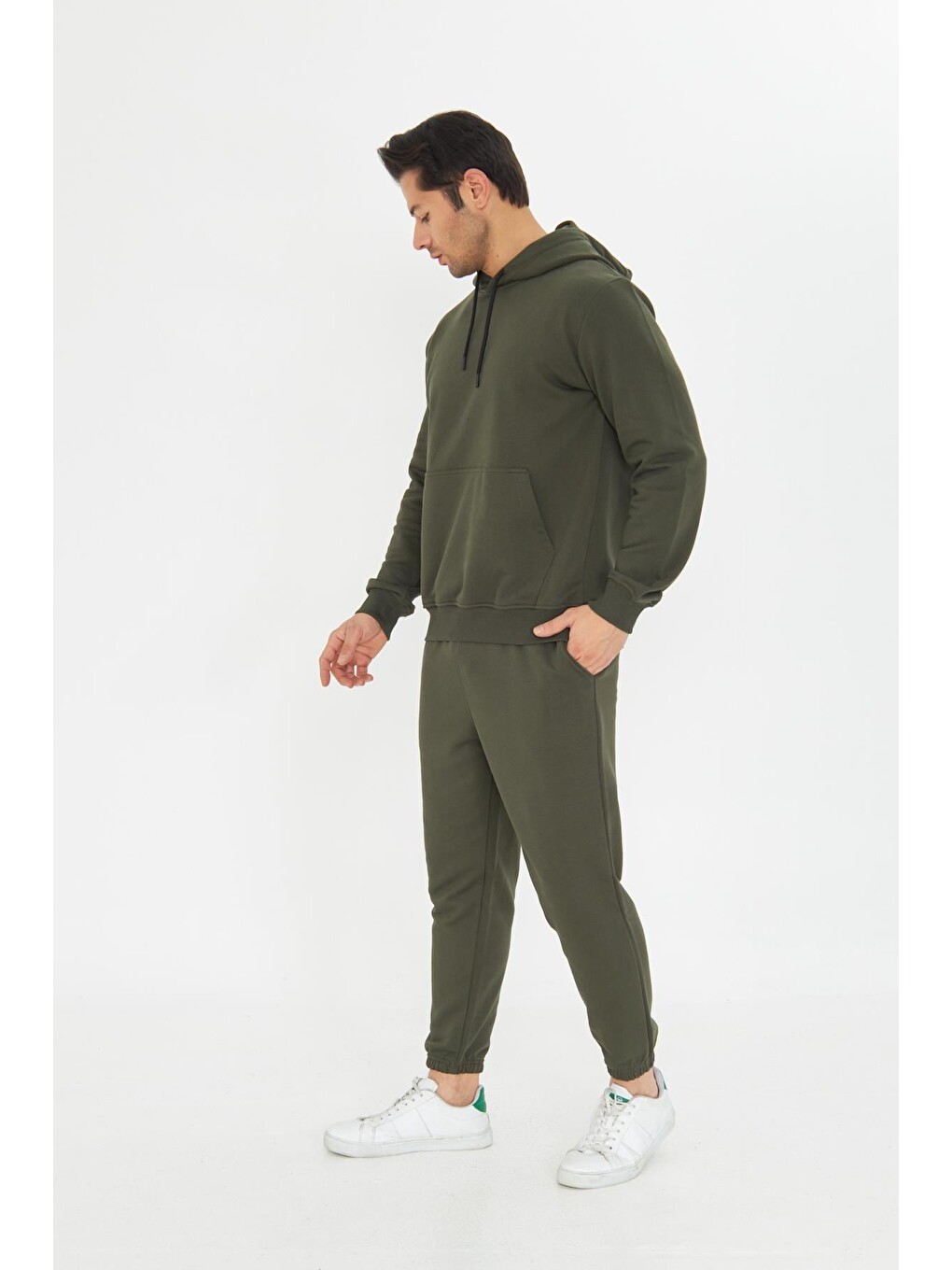 Haki Şardonsuz 3 Iplik Pamuklu Basic Kapüşonlu Unisex Eşofman Takımı 5737-2