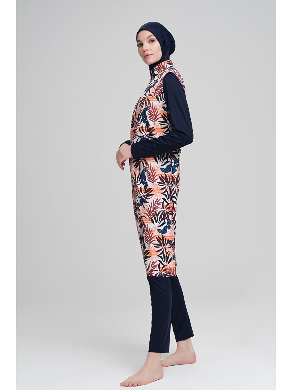 Yaprak Desenli Lacivert Jileli 3 Parça Tam Tesettür Mayo Takımı 2223-2