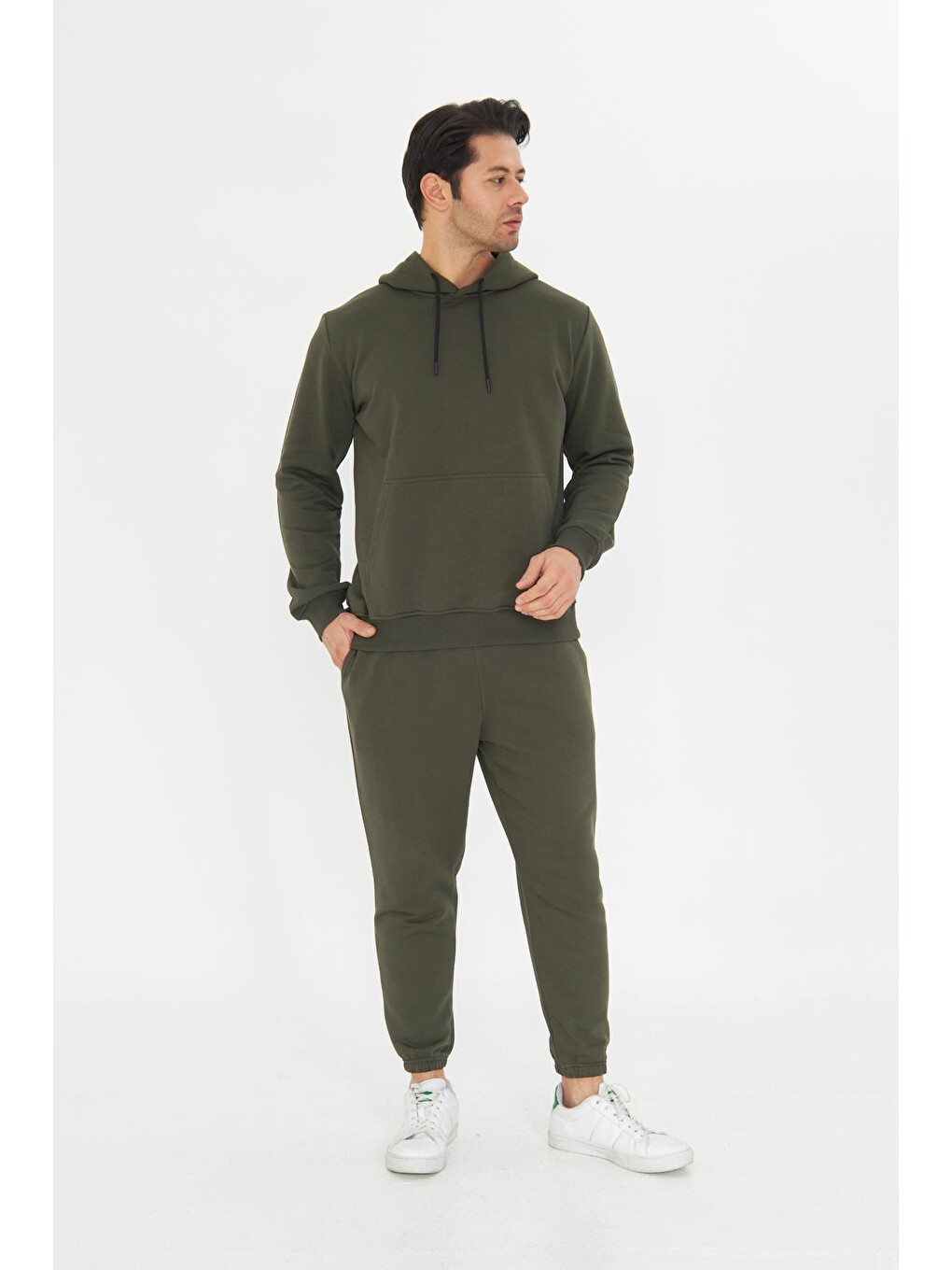 Haki Şardonsuz 3 Iplik Pamuklu Basic Kapüşonlu Unisex Eşofman Takımı 5737-3