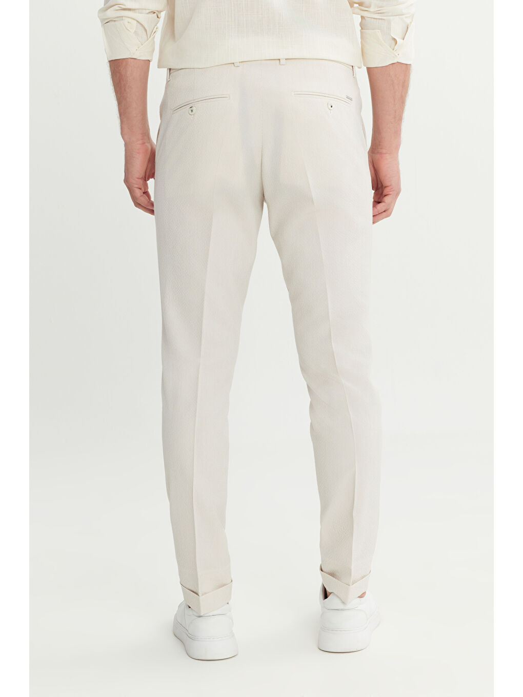 Erkek Bej Slim Fit Dar Kesim Beli Lastikli Yan Cep Klasik Pantolon-5