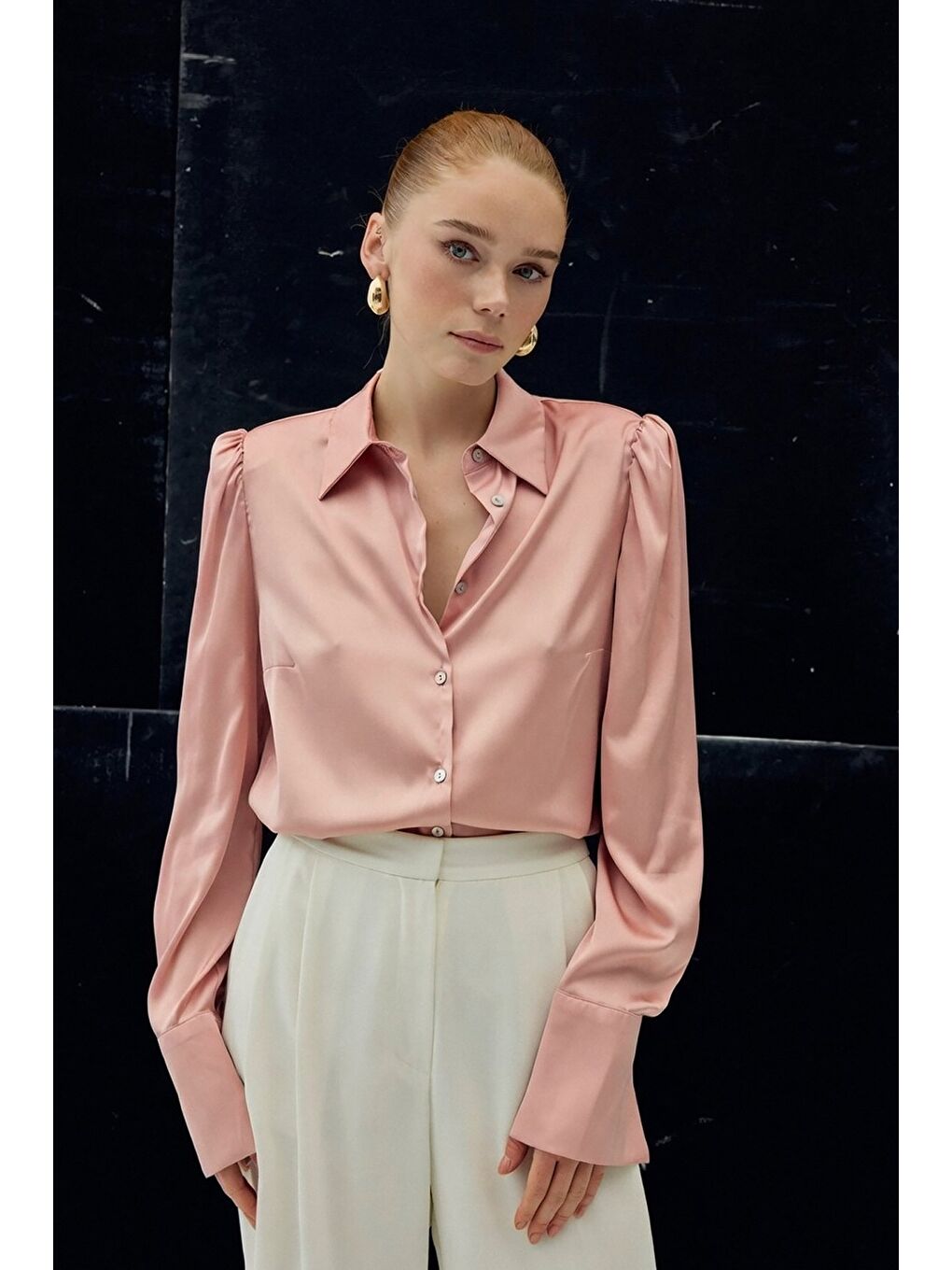 Vatkalı Saten Gömlek - Pembe-1