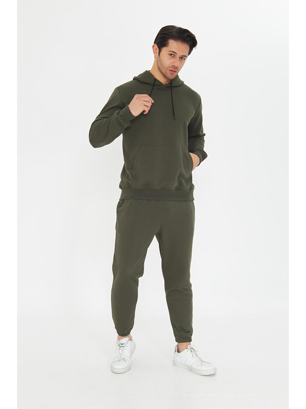 Haki Şardonsuz 3 Iplik Pamuklu Basic Kapüşonlu Unisex Eşofman Takımı 5737-4