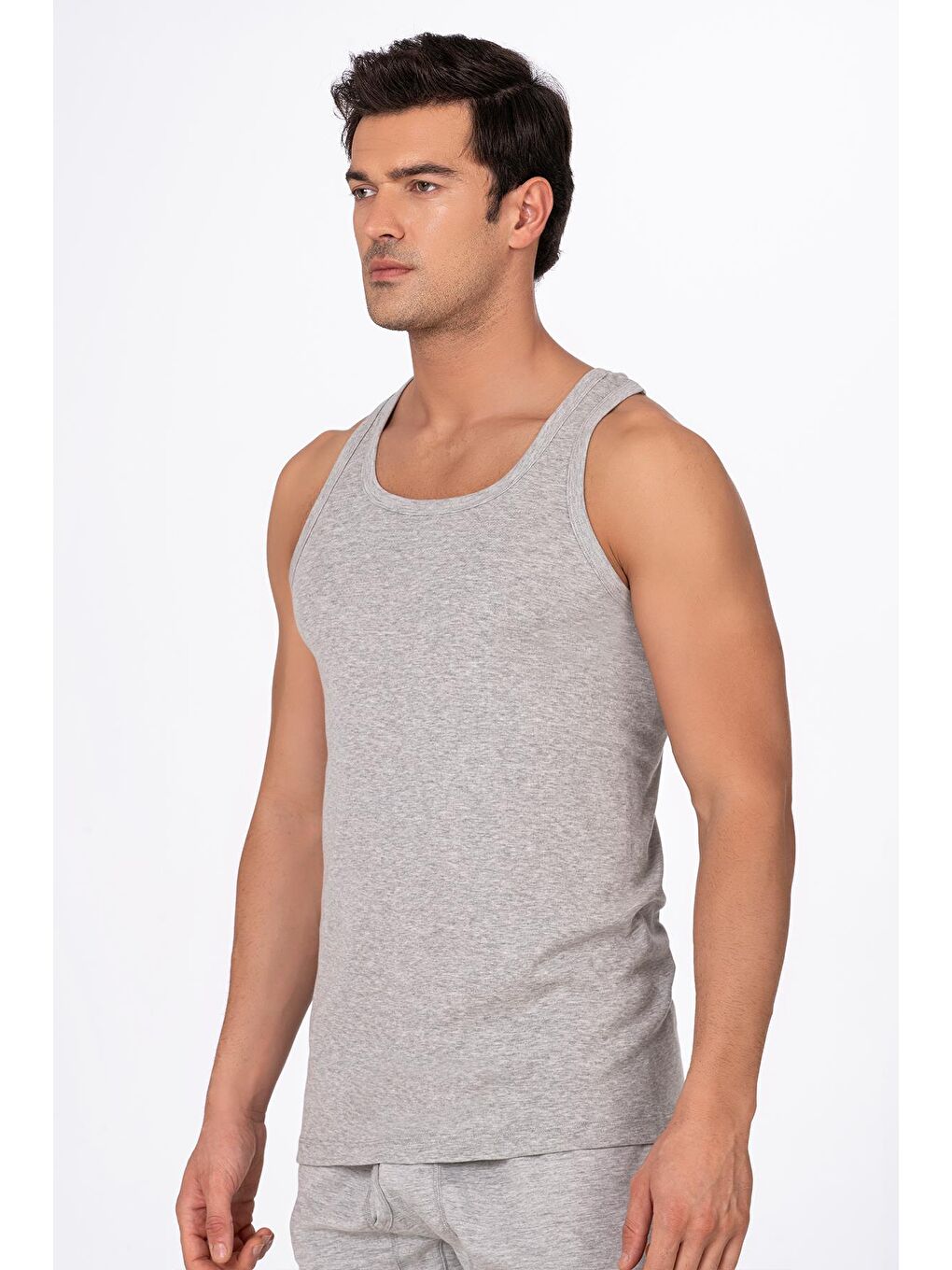 Erkek Pamuklu Ribana Sırtı Çapraz Sporcu Atlet | Gri Melanj K0058-1