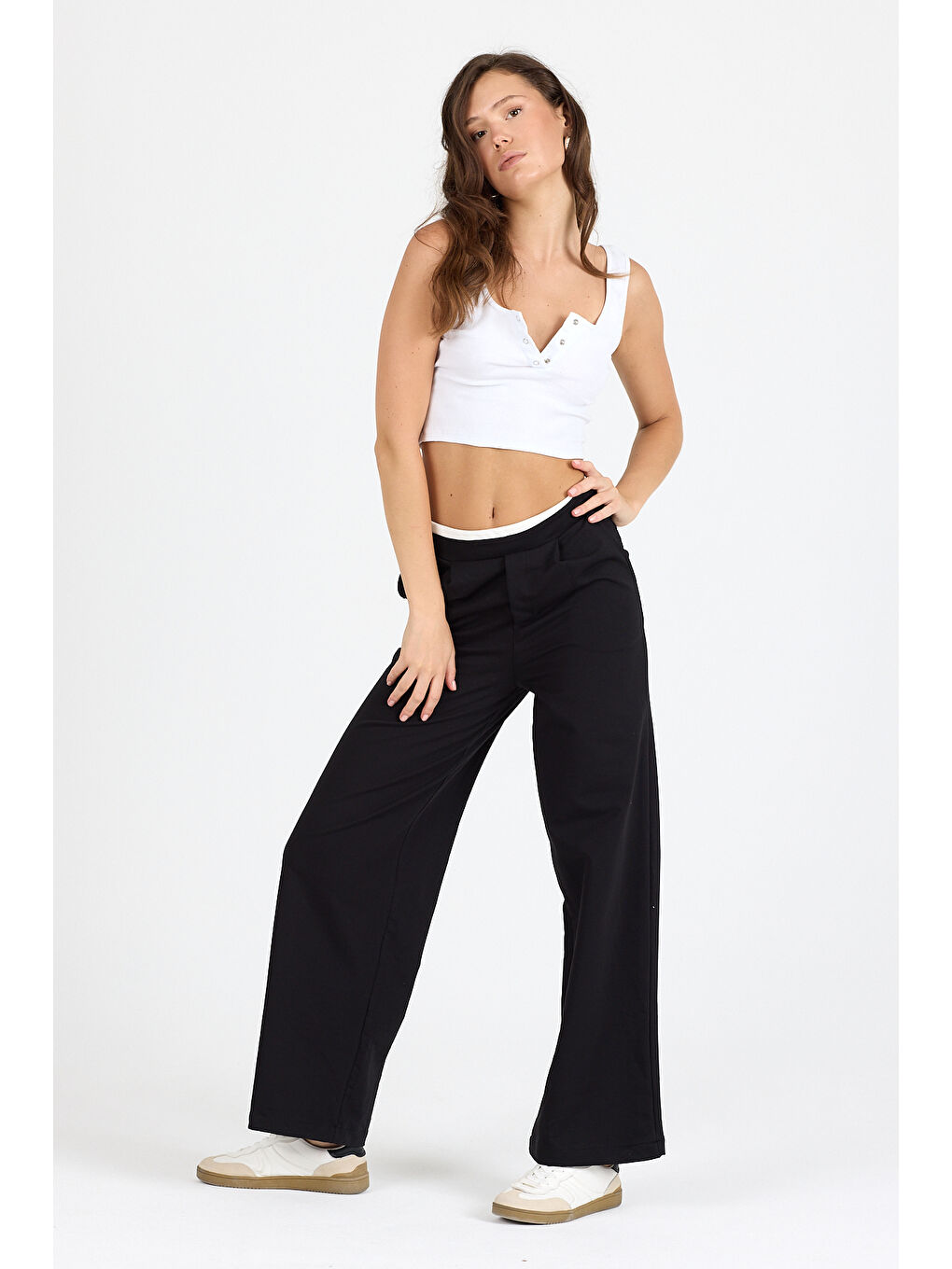 Siyah Kadın Kemeri 2 Renk Detaylı İspanyol Paça Pantolon 5006-2