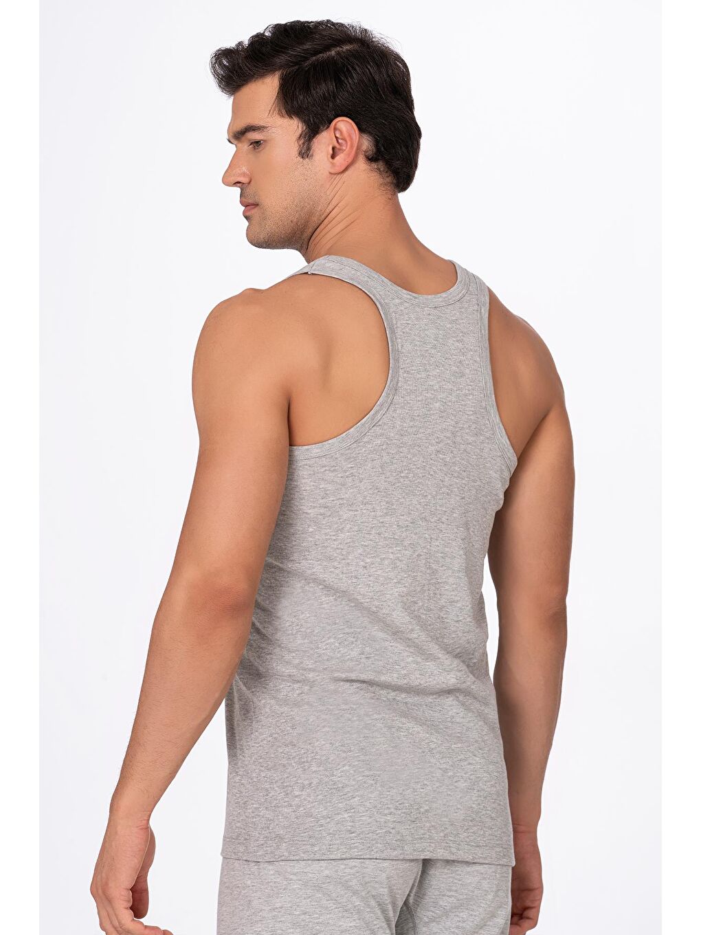 Erkek Pamuklu Ribana Sırtı Çapraz Sporcu Atlet | Gri Melanj K0058-2