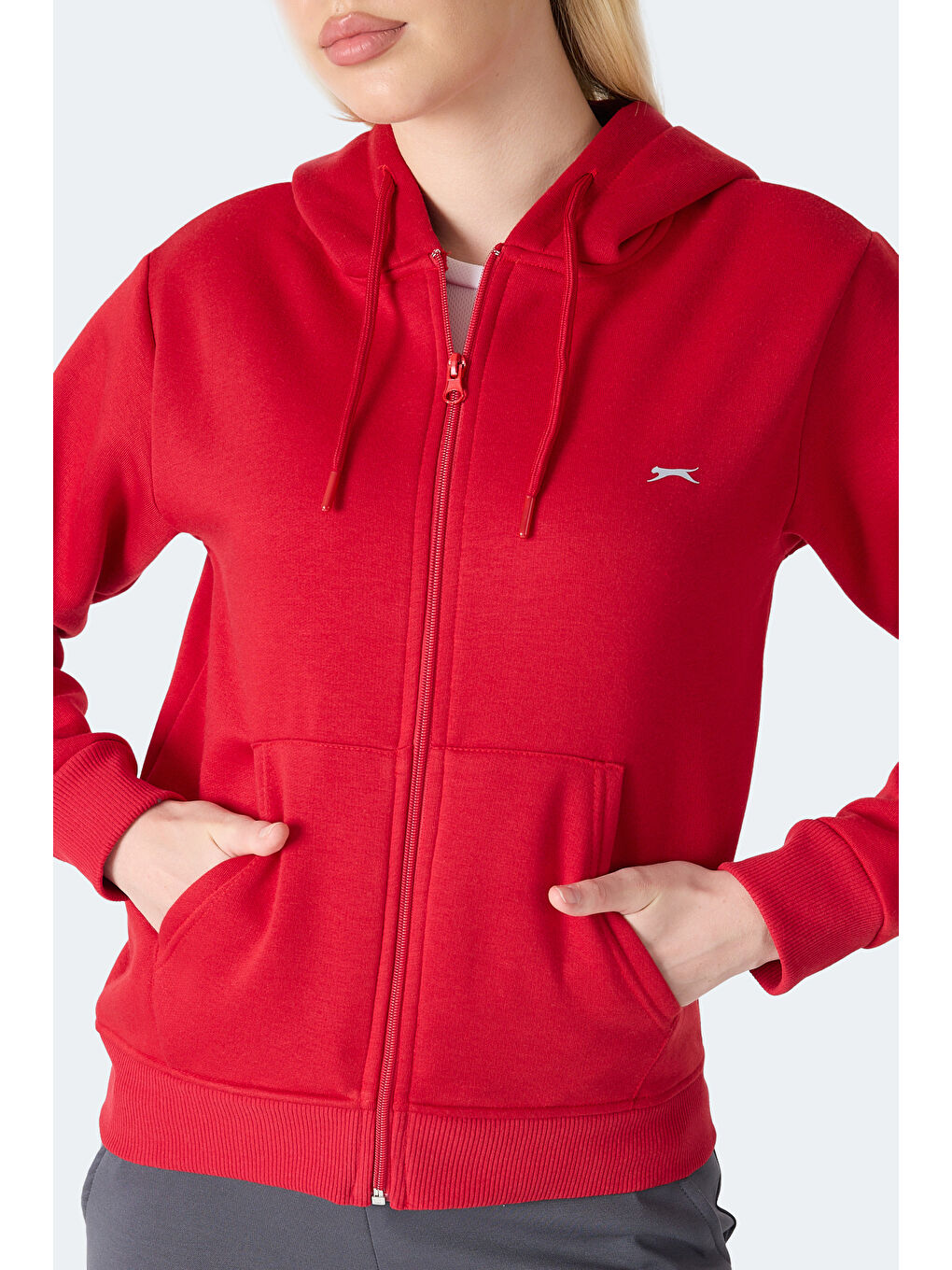 MILIO I Kadın Fermuarlı Kapüşonlu Cepli Kırmızı Sweatshırt-5