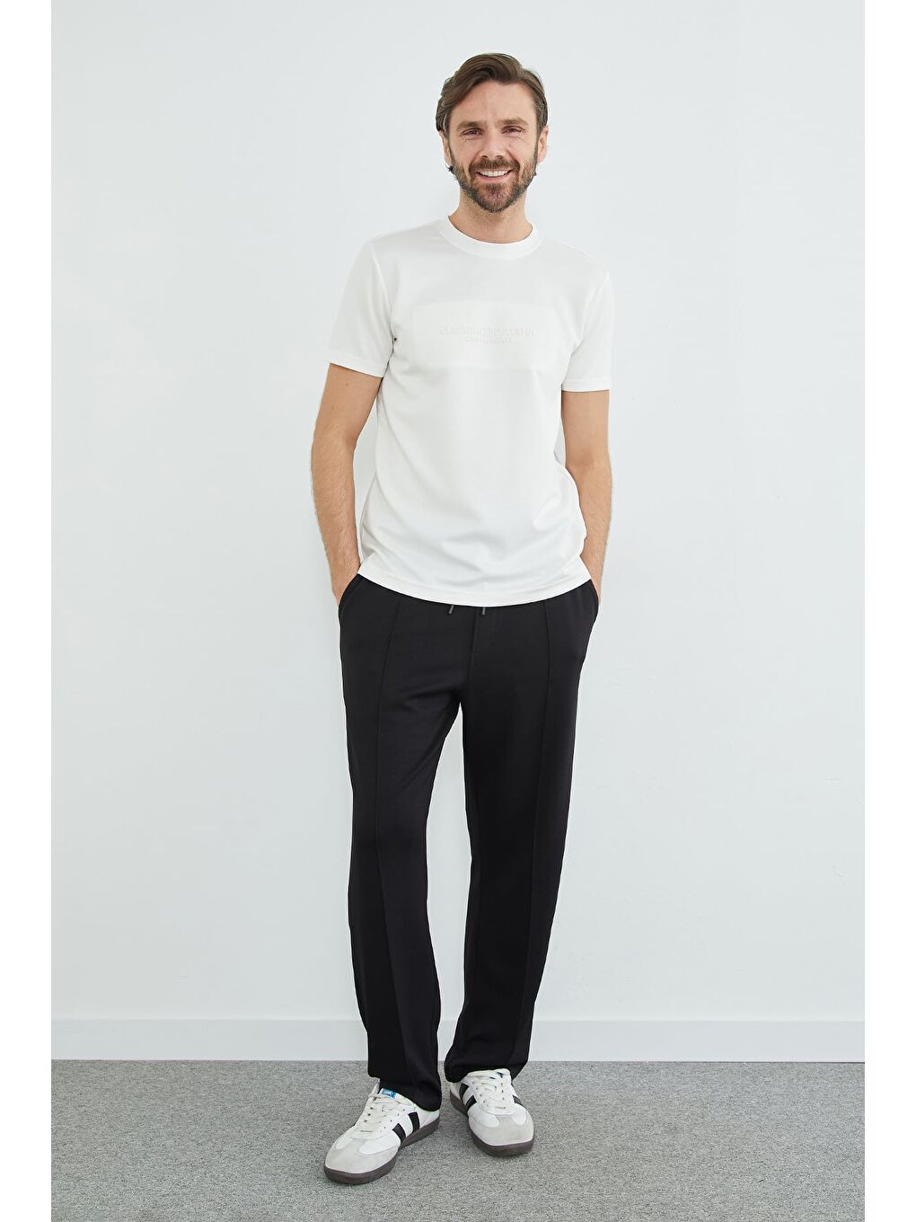 Ekru Slogan Baskılı Bisiklet Yaka Tişört-2