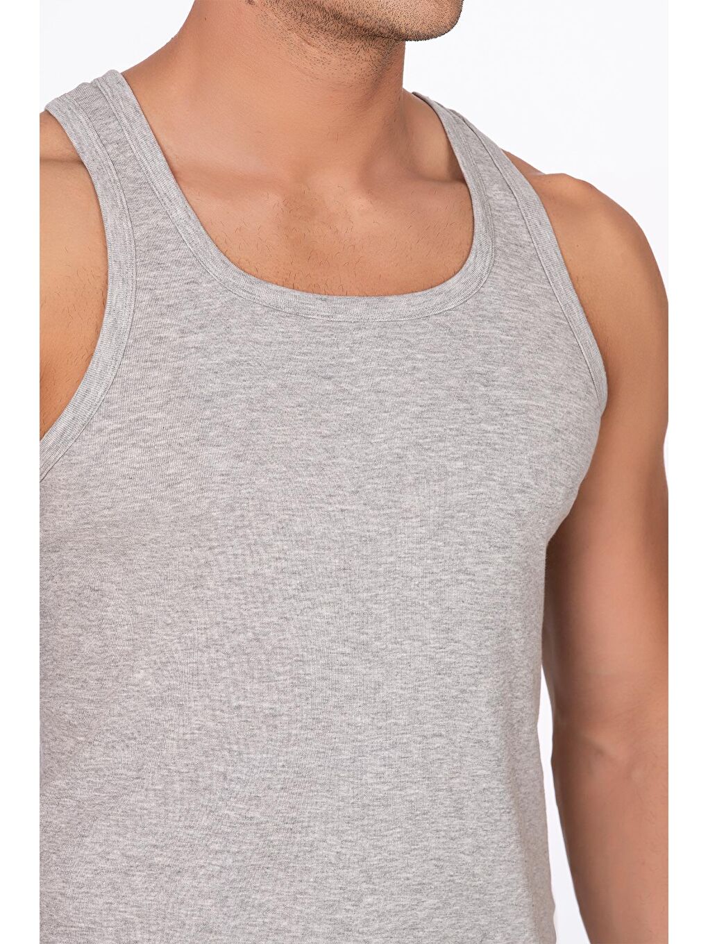 Erkek Pamuklu Ribana Sırtı Çapraz Sporcu Atlet | Gri Melanj K0058-3