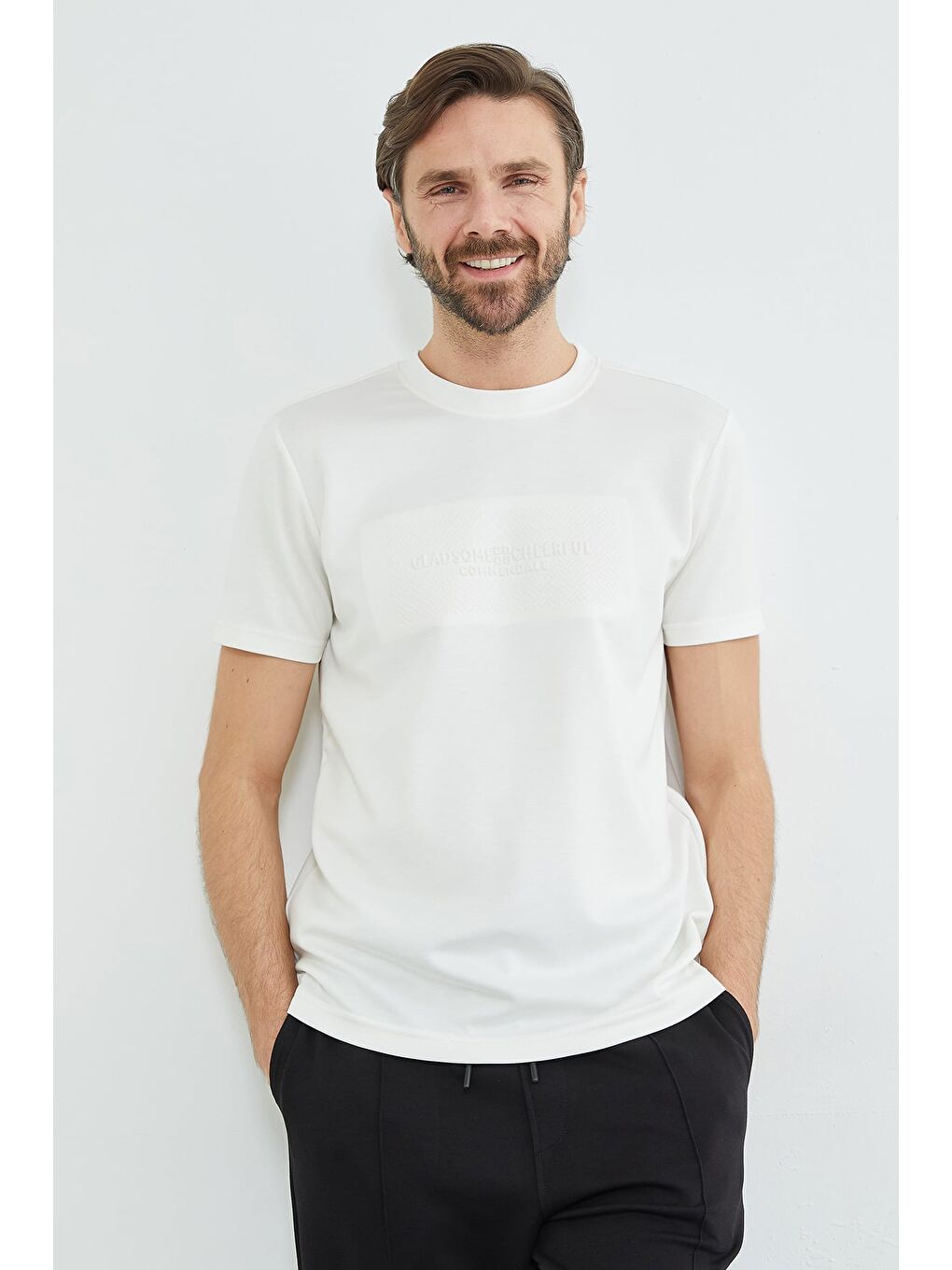 Ekru Slogan Baskılı Bisiklet Yaka Tişört-3