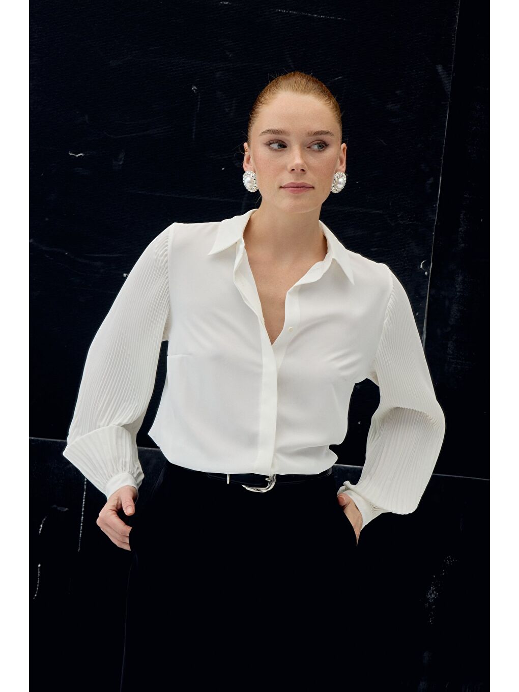 Plise Kollu Gömlek - Ekru-1