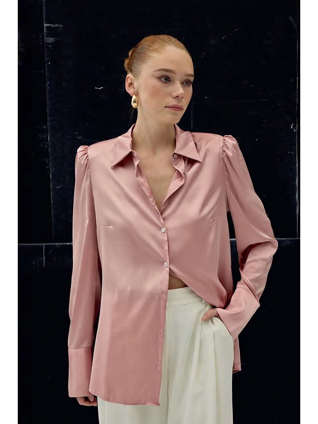 Vatkalı Saten Gömlek - Pembe-2