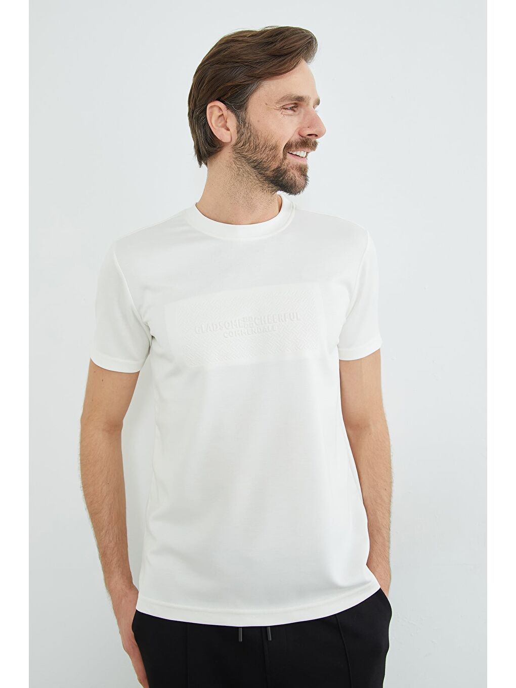 Ekru Slogan Baskılı Bisiklet Yaka Tişört-4