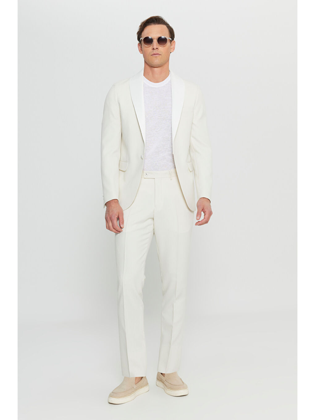 Erkek Ekru Slim Fit Dar Kesim Çıkma Şal Yaka Kapak Cepli Damatlık Smokin Takım-3