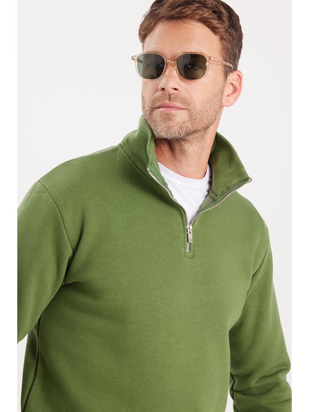 Unisex Relax Fit Rahat Kesim Pamuklu İçi Polarlı Yarım Fermuarlı Yeşil Dik Yaka Sweatshirt-1