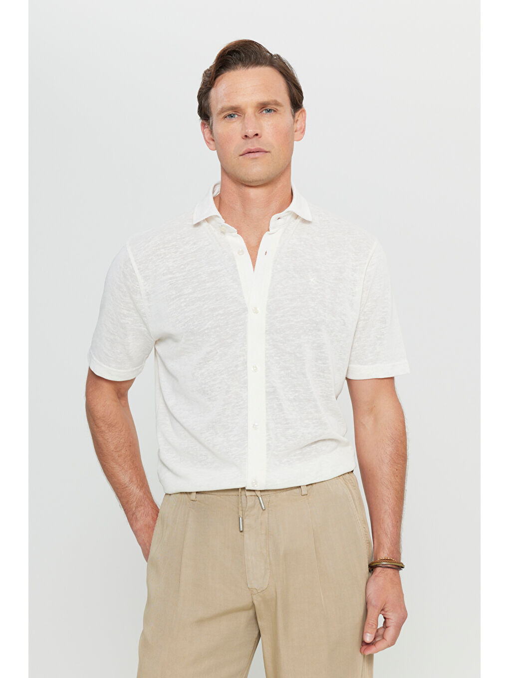 Erkek Bej Pamuklu Comfort Fit Rahat Kesim Klasik Yaka Örme Gömlek-2