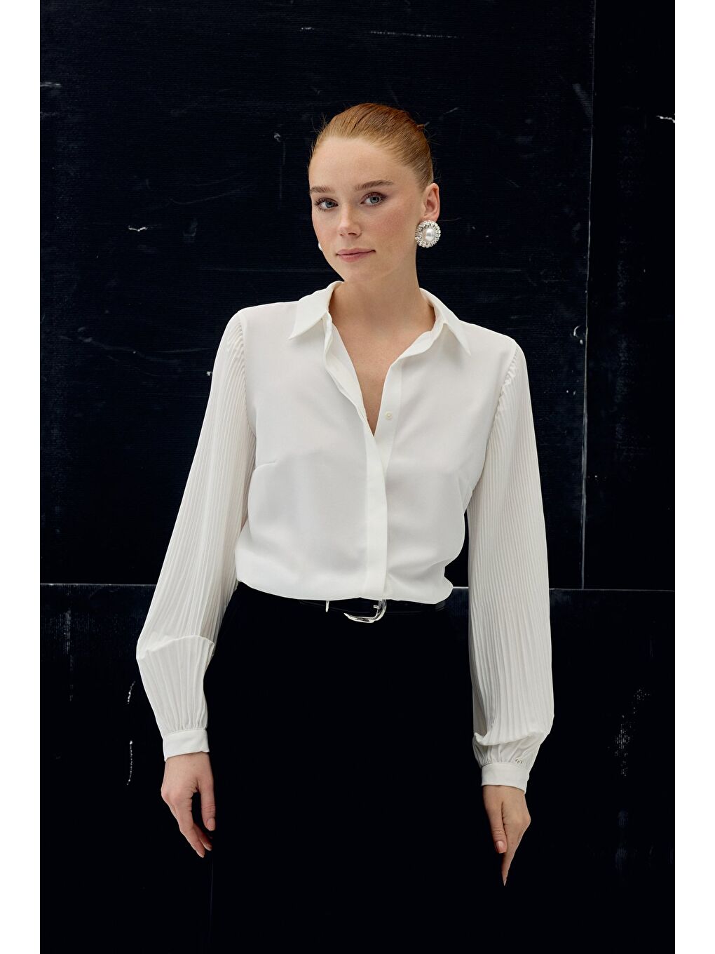 Plise Kollu Gömlek - Ekru-2