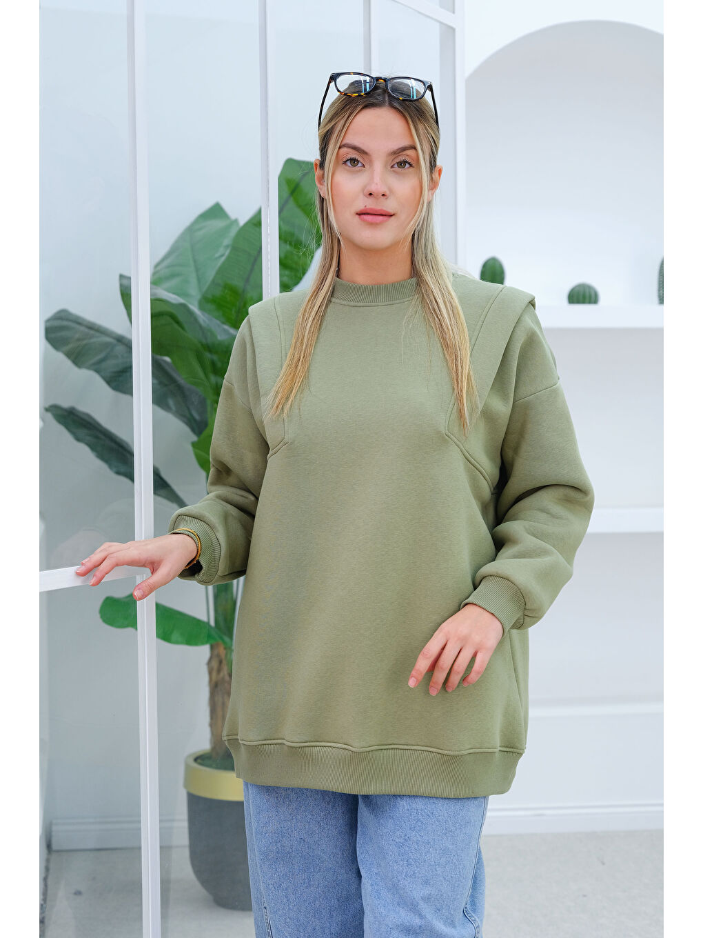 Çift Omuz Detaylı Sweat Yeşil