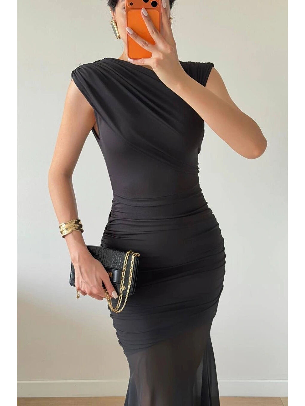 Kadın Siyah Yan Drapeli Transparan Etekli Elbise 1041-2636-1