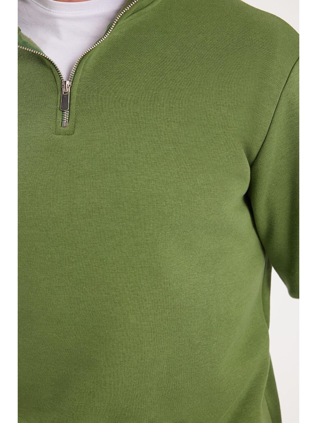 Unisex Relax Fit Rahat Kesim Pamuklu İçi Polarlı Yarım Fermuarlı Yeşil Dik Yaka Sweatshirt-2