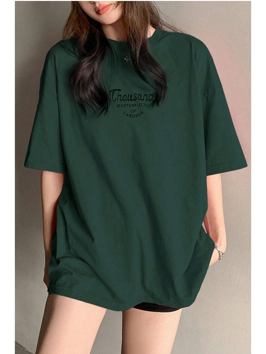 Yeşil Kadın AÇIK YEŞİLi Bisiklet Yaka Thousand Baskılı Oversize T Shirt