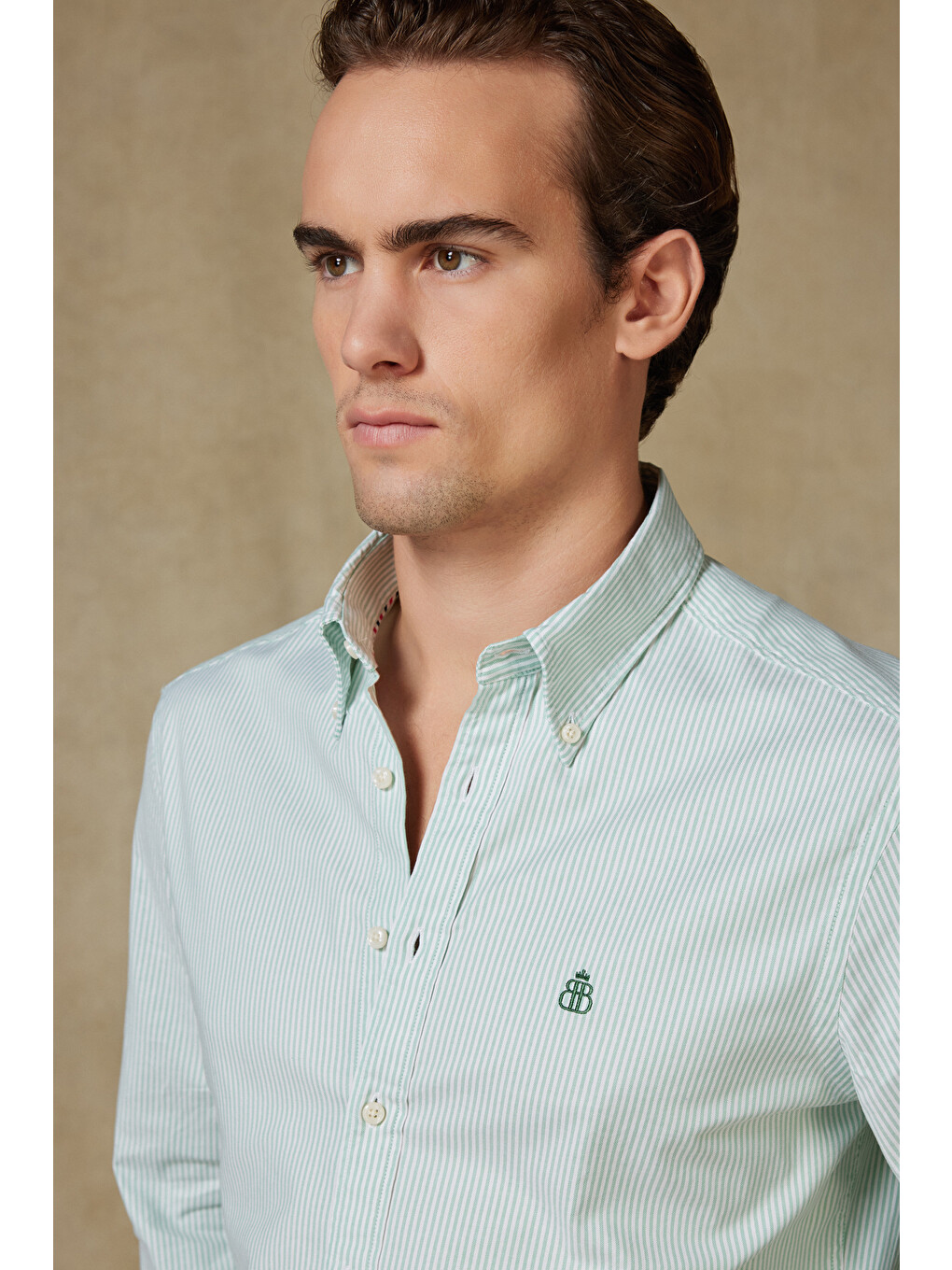 Luca Oxford Stretch Pamuk Karışımlı Comfort Fit Yeşil Düğmeli Yaka Erkek Çizgili Gömlek-2