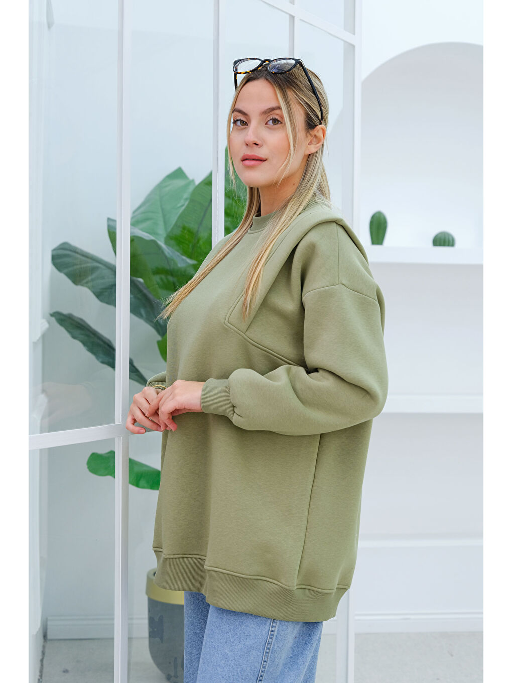 Çift Omuz Detaylı Sweat Yeşil-1