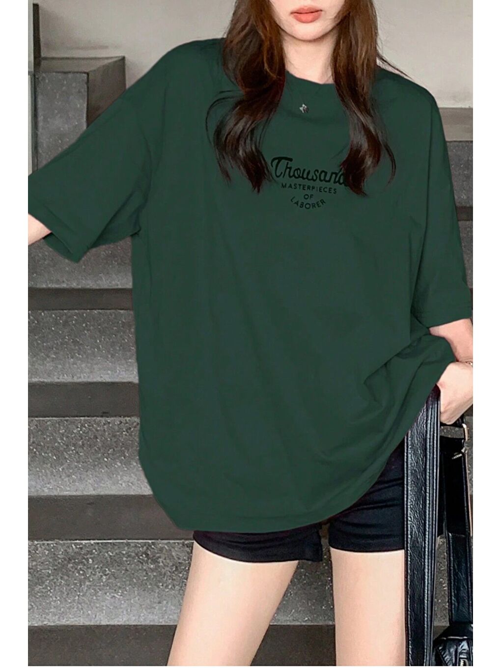 Yeşil Kadın AÇIK YEŞİLi Bisiklet Yaka Thousand Baskılı Oversize T Shirt-2