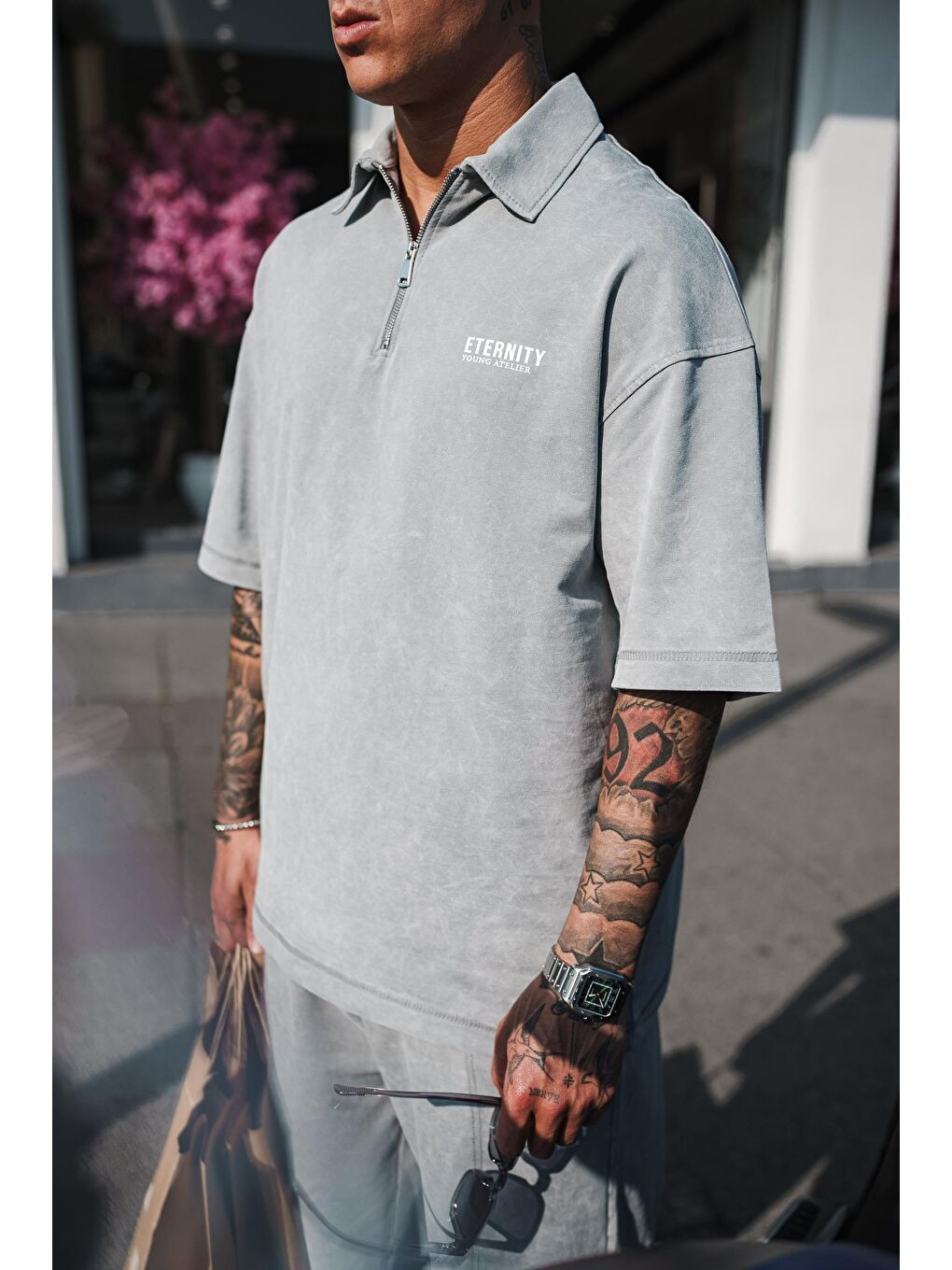Erkek Polo Yaka Yıkamalı Oversize T-Shirt Gri