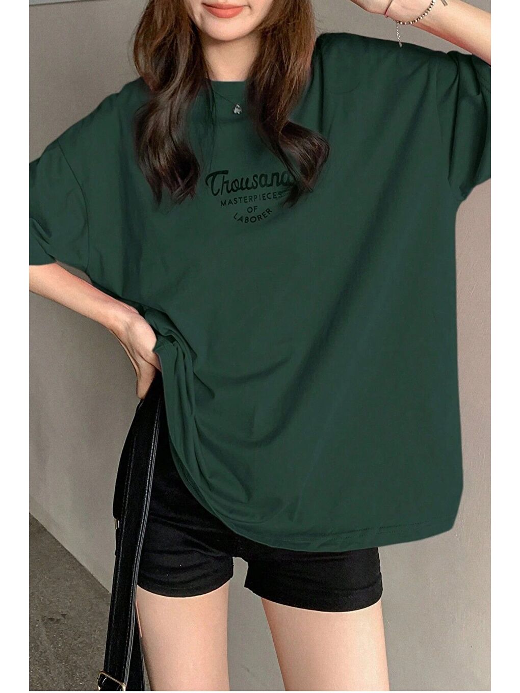 Yeşil Kadın AÇIK YEŞİLi Bisiklet Yaka Thousand Baskılı Oversize T Shirt-3