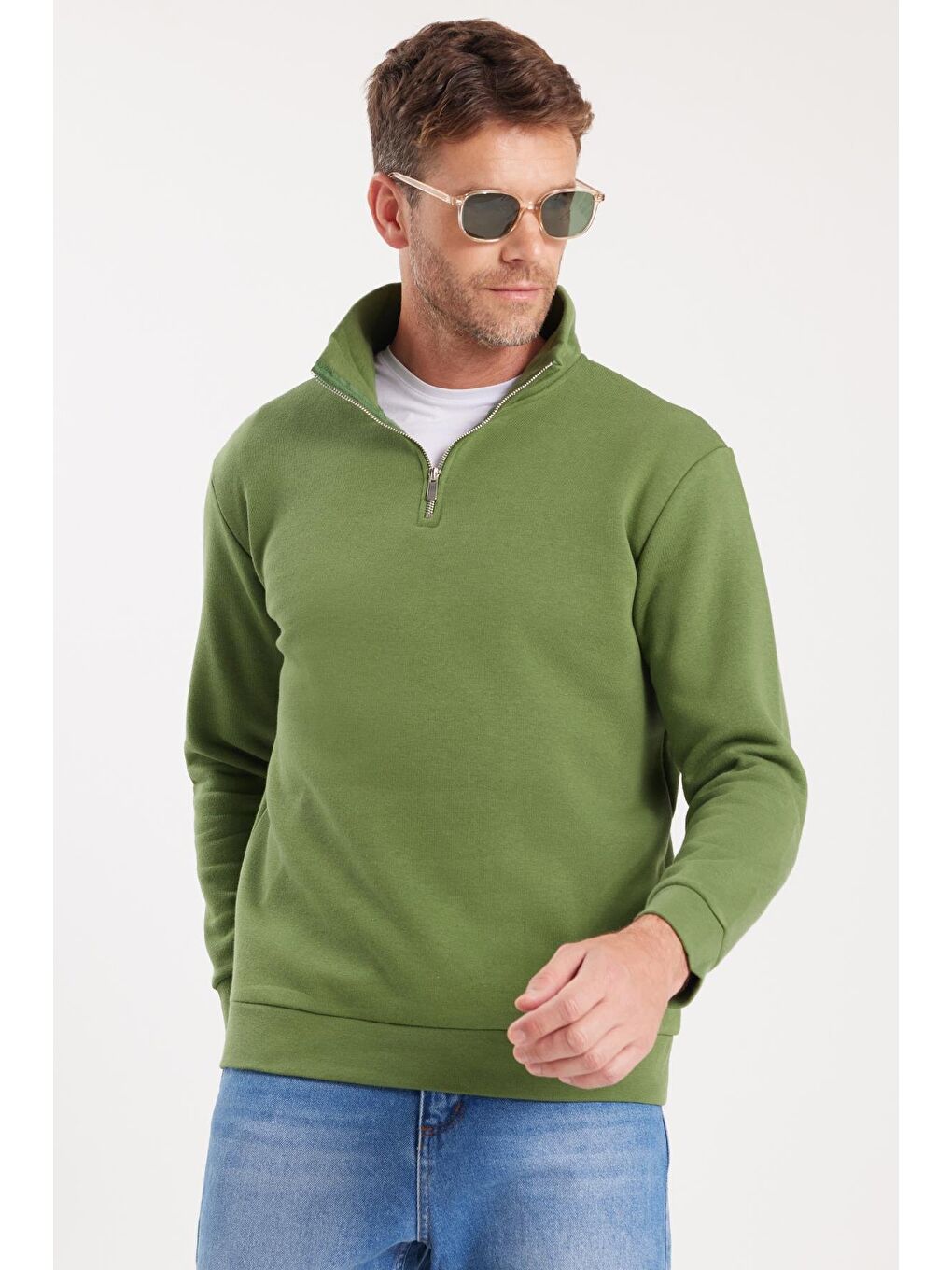 Unisex Relax Fit Rahat Kesim Pamuklu İçi Polarlı Yarım Fermuarlı Yeşil Dik Yaka Sweatshirt-3