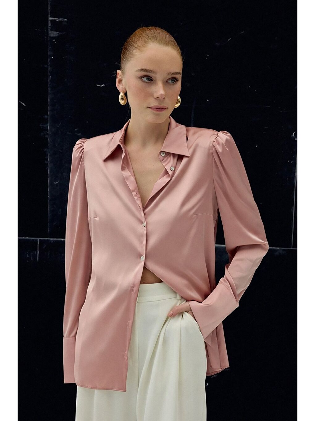 Vatkalı Saten Gömlek - Pembe-3