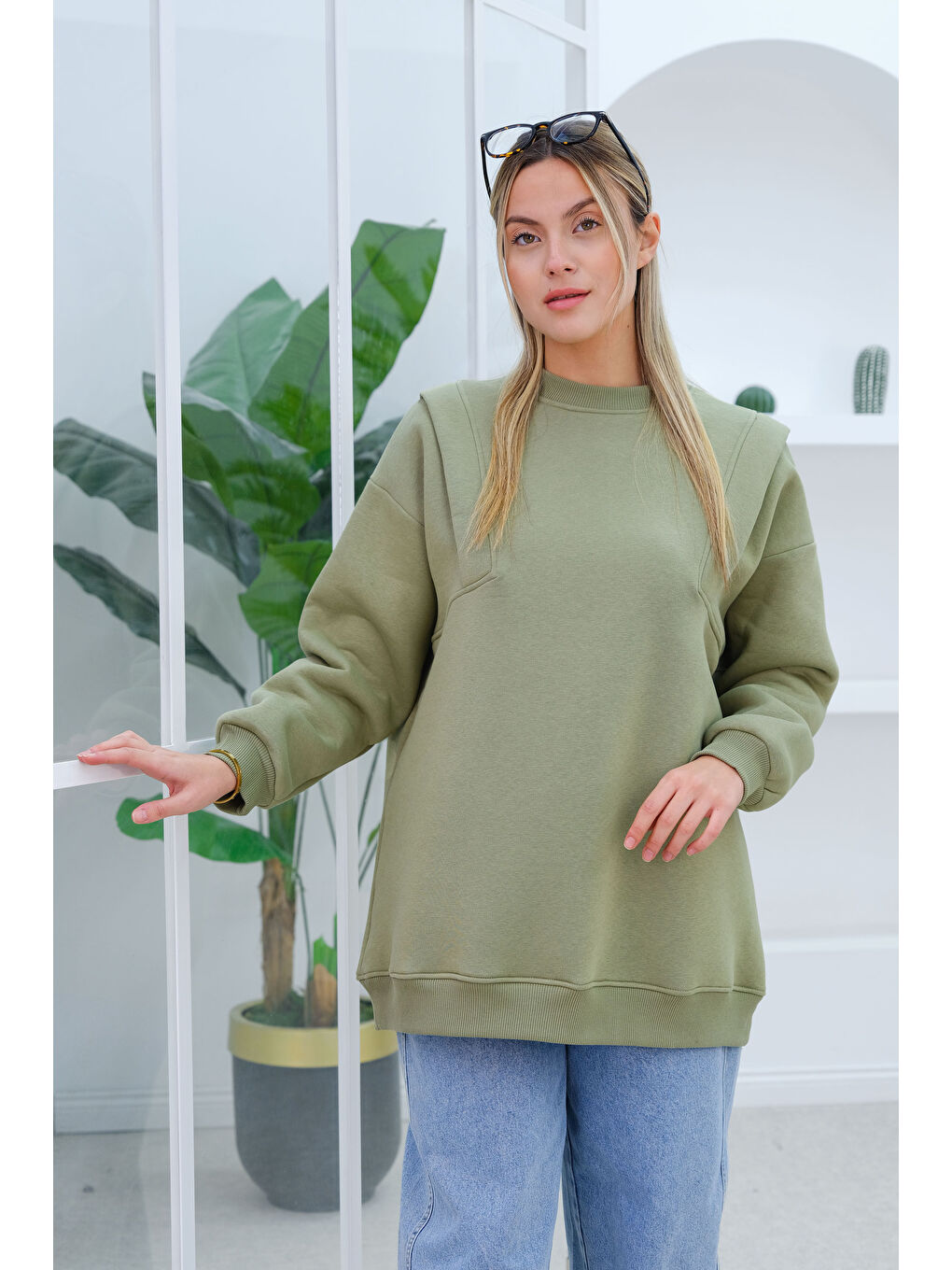 Çift Omuz Detaylı Sweat Yeşil-3