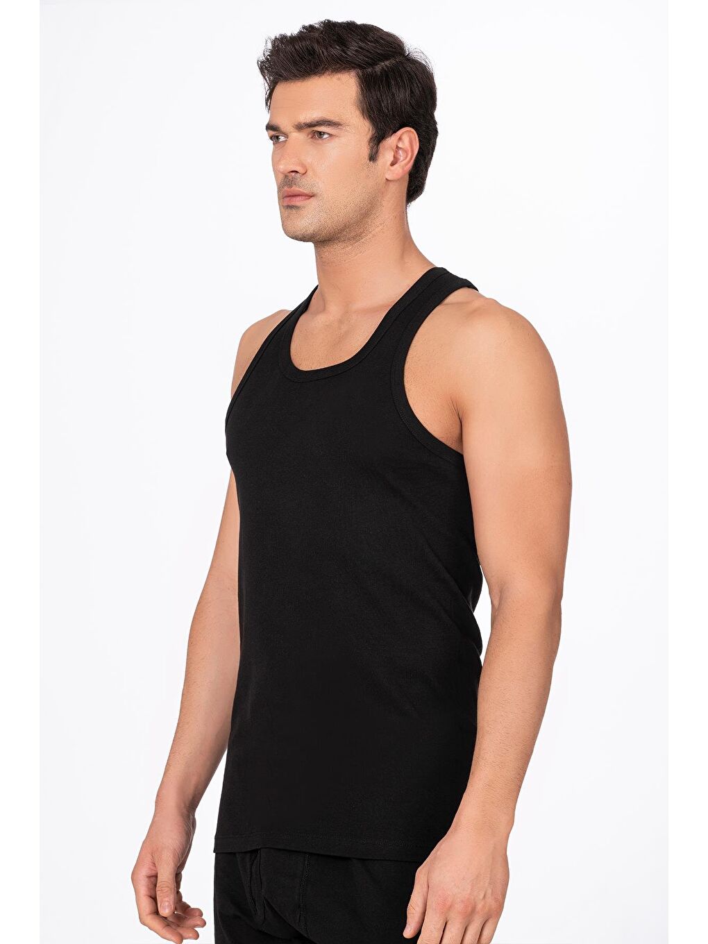 Erkek Pamuklu Ribana Sırtı Çapraz Sporcu Atlet | Siyah K0058-1