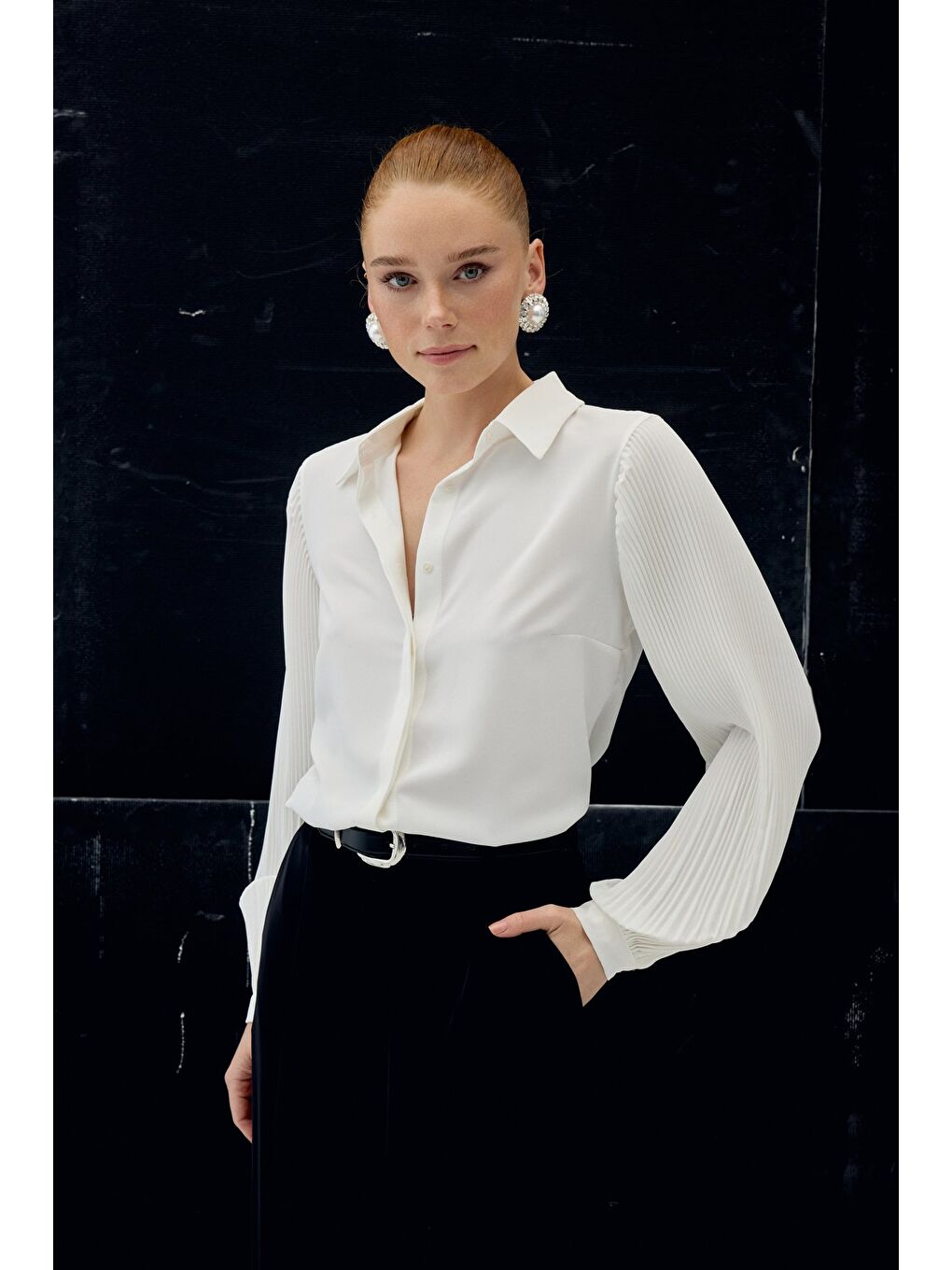 Plise Kollu Gömlek - Ekru-4