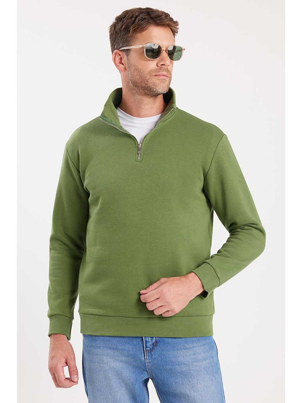 Unisex Relax Fit Rahat Kesim Pamuklu İçi Polarlı Yarım Fermuarlı Yeşil Dik Yaka Sweatshirt-4