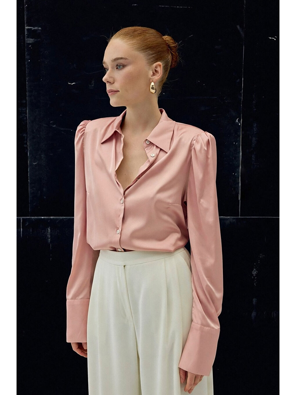 Vatkalı Saten Gömlek - Pembe-4