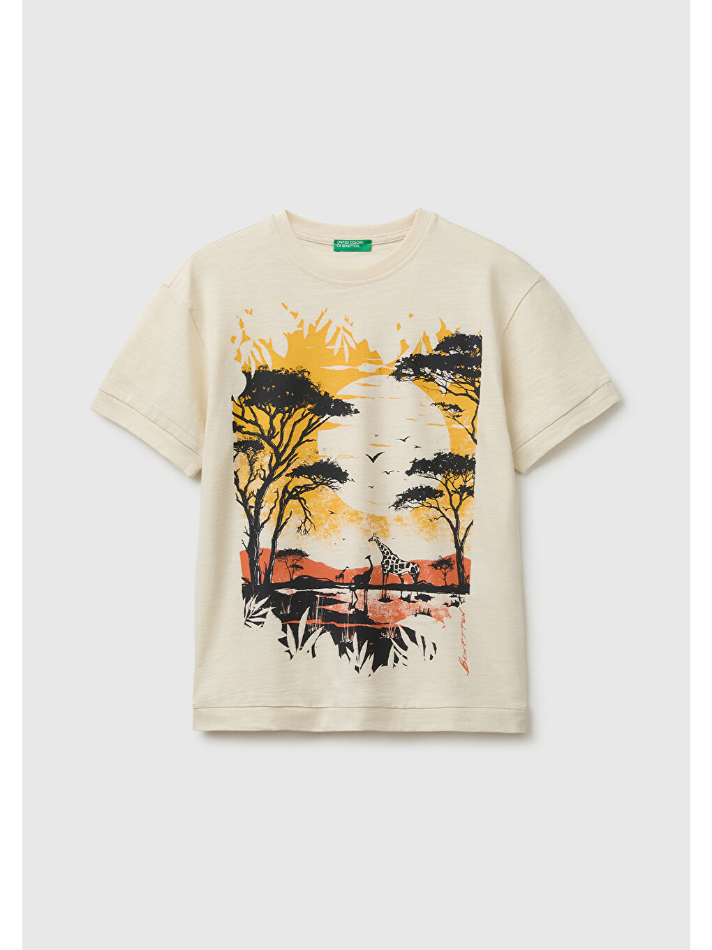 Ekru Erkek Çocuk Krem Önü Baskı Detaylı Bisiklet Yaka T-Shirt