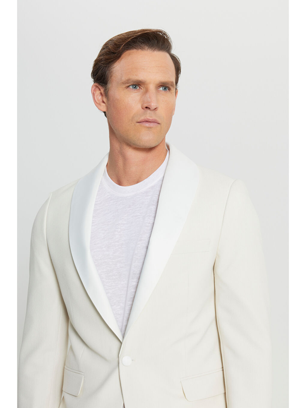 Erkek Ekru Slim Fit Dar Kesim Çıkma Şal Yaka Kapak Cepli Damatlık Smokin Takım-5