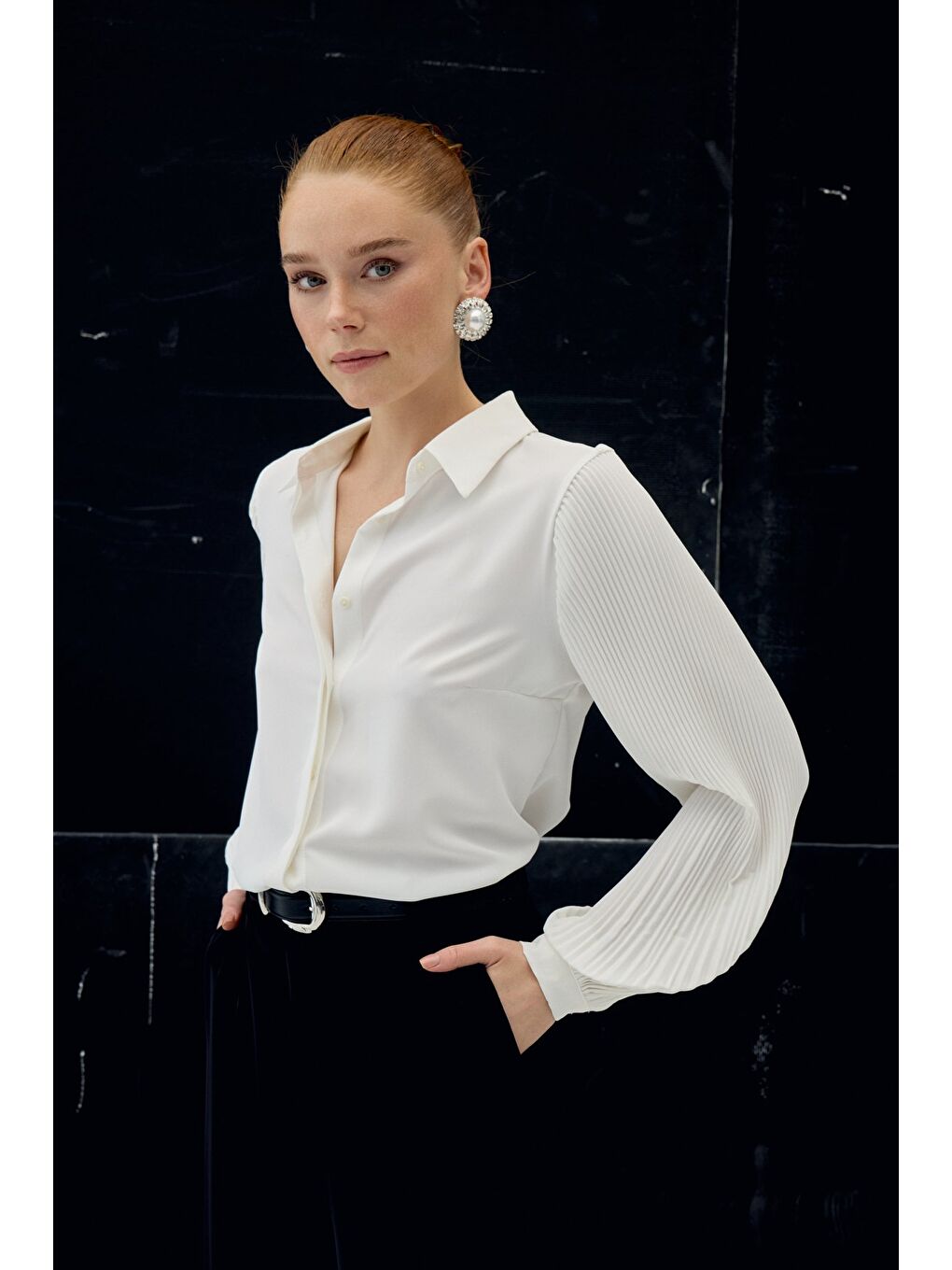 Plise Kollu Gömlek - Ekru-5