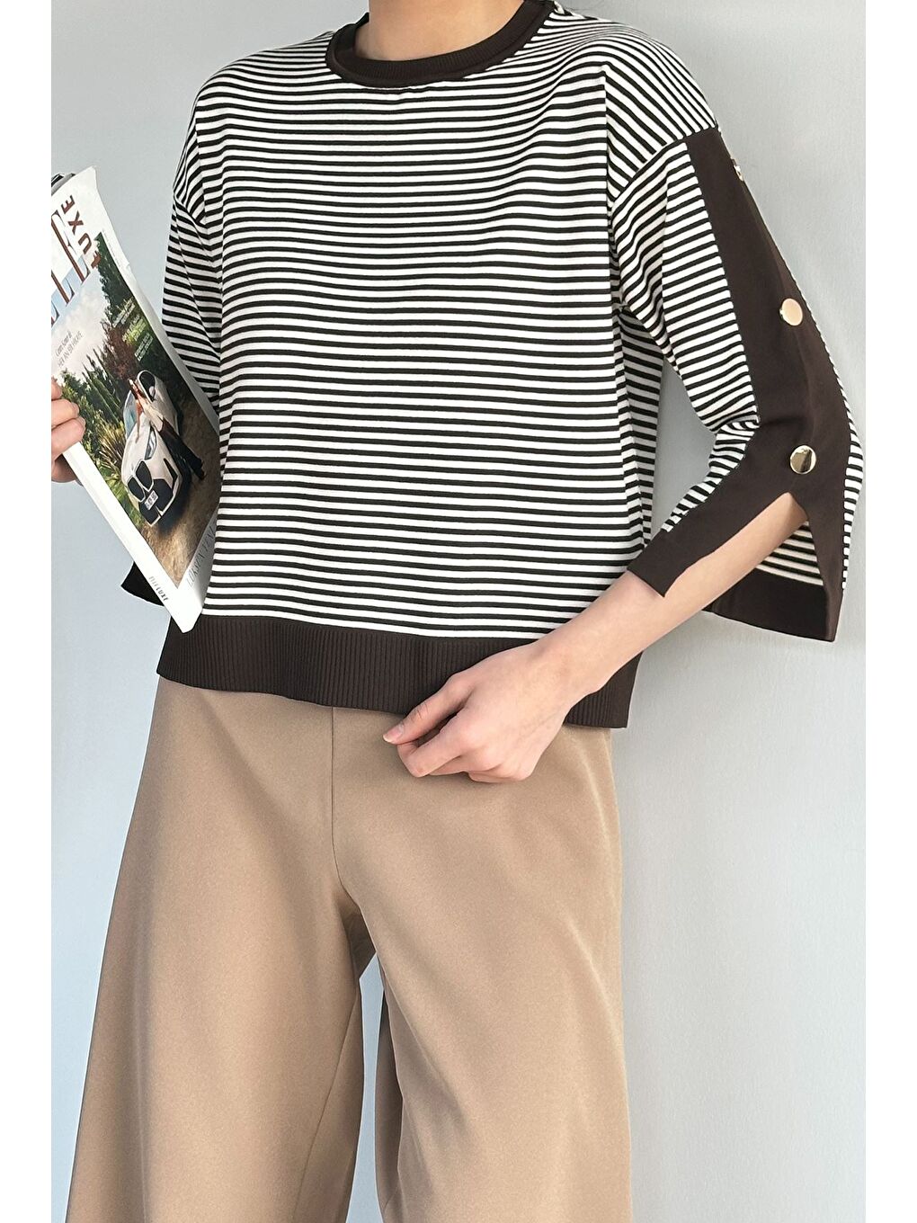 Kahverengi Kadın Çizgili Triko Bluz