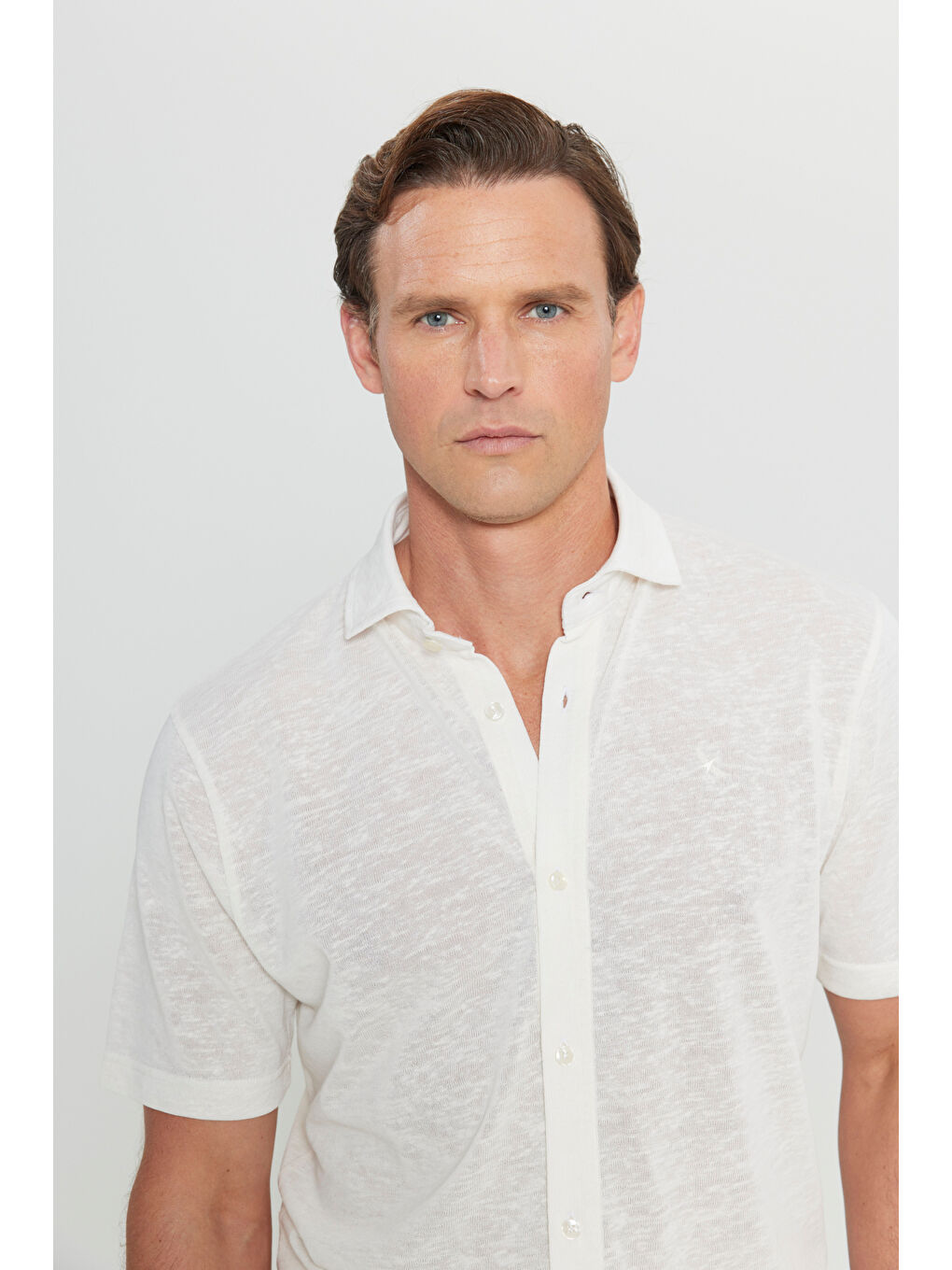 Erkek Bej Pamuklu Comfort Fit Rahat Kesim Klasik Yaka Örme Gömlek-3