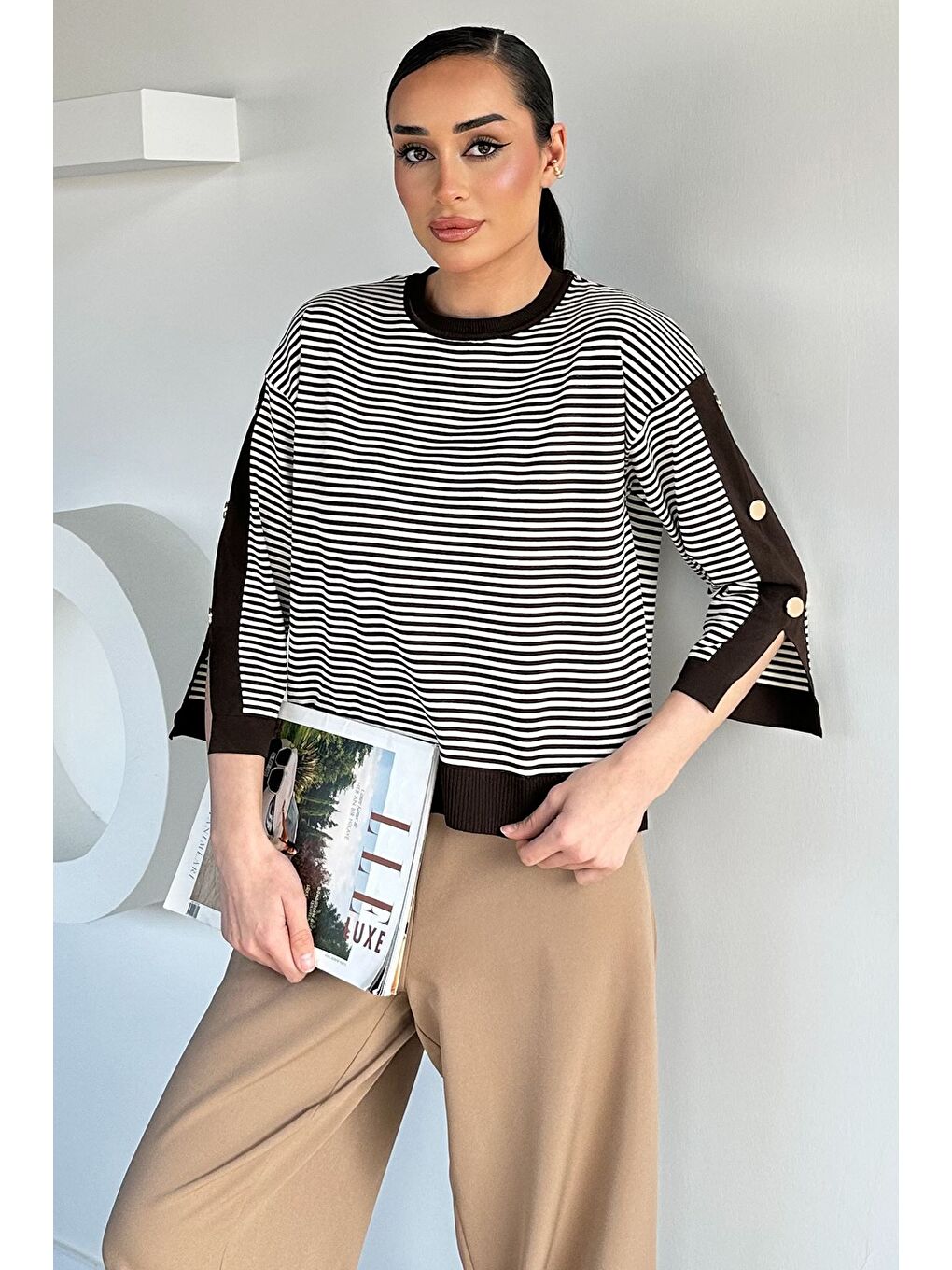 Kahverengi Kadın Çizgili Triko Bluz-1