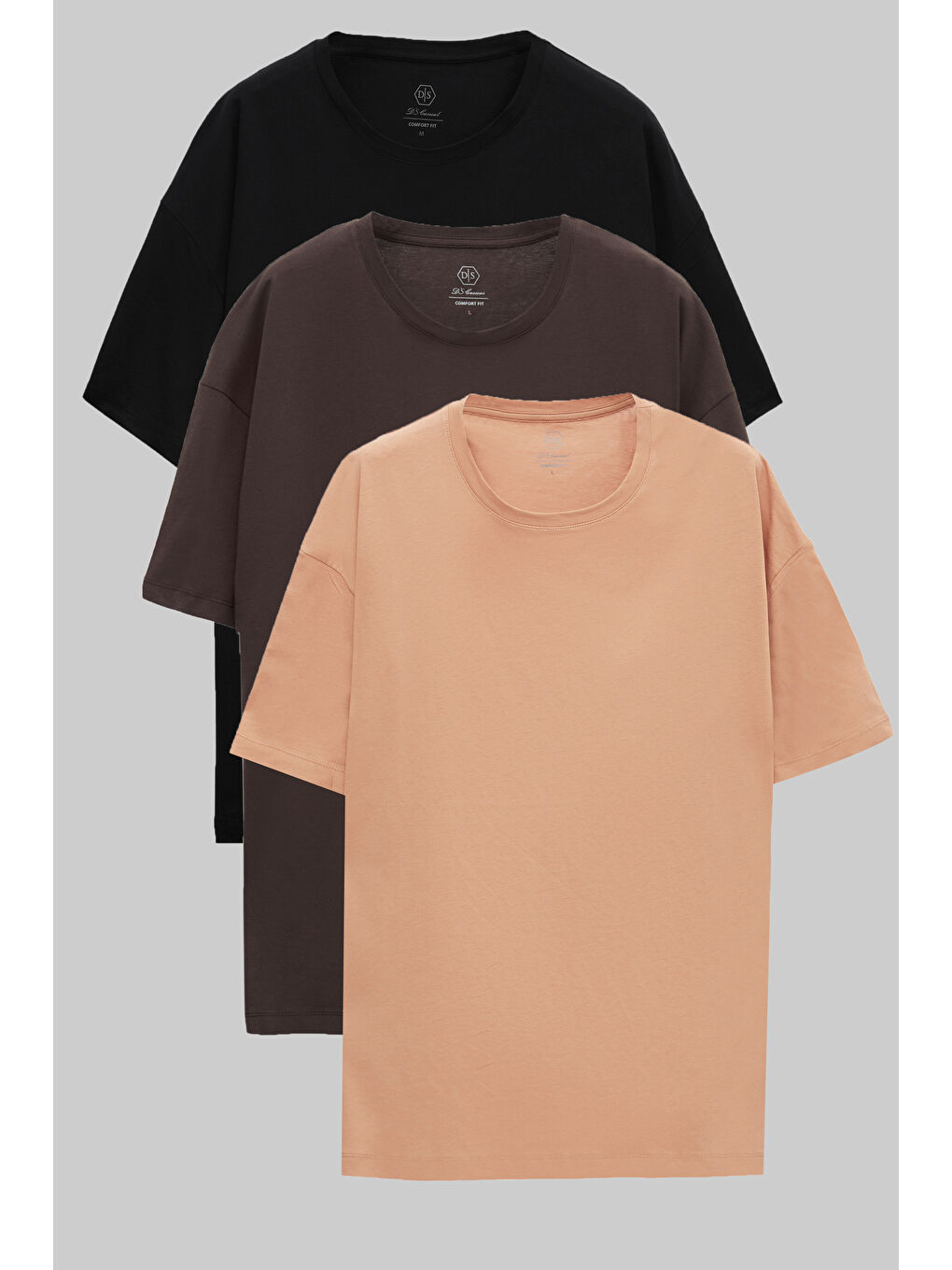 Comfort Siyah/Kahverengi/Bej 3'Lü Bol Kesim %100 Pamuk T-Shirt