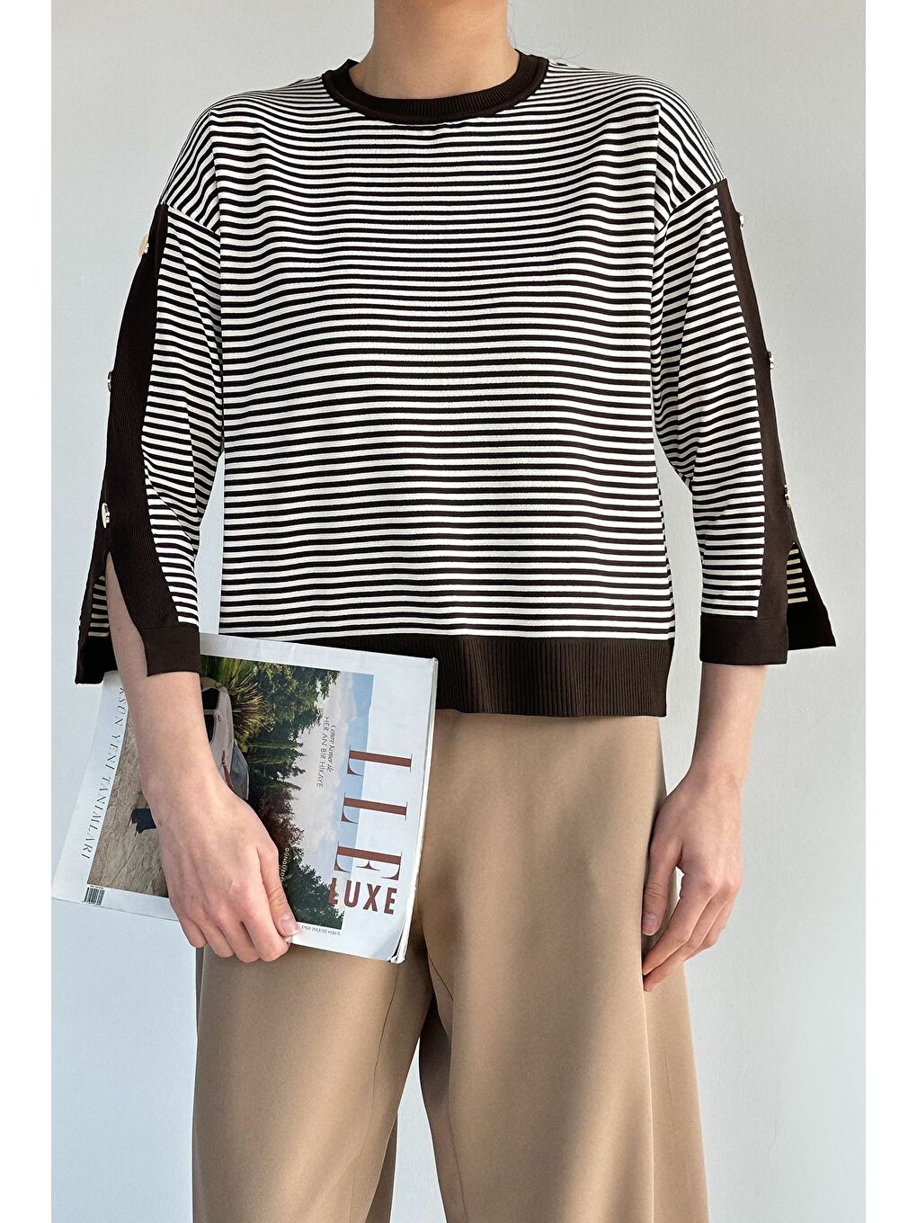 Kahverengi Kadın Çizgili Triko Bluz-2