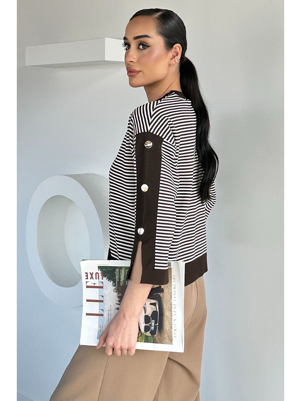 Kahverengi Kadın Çizgili Triko Bluz-3