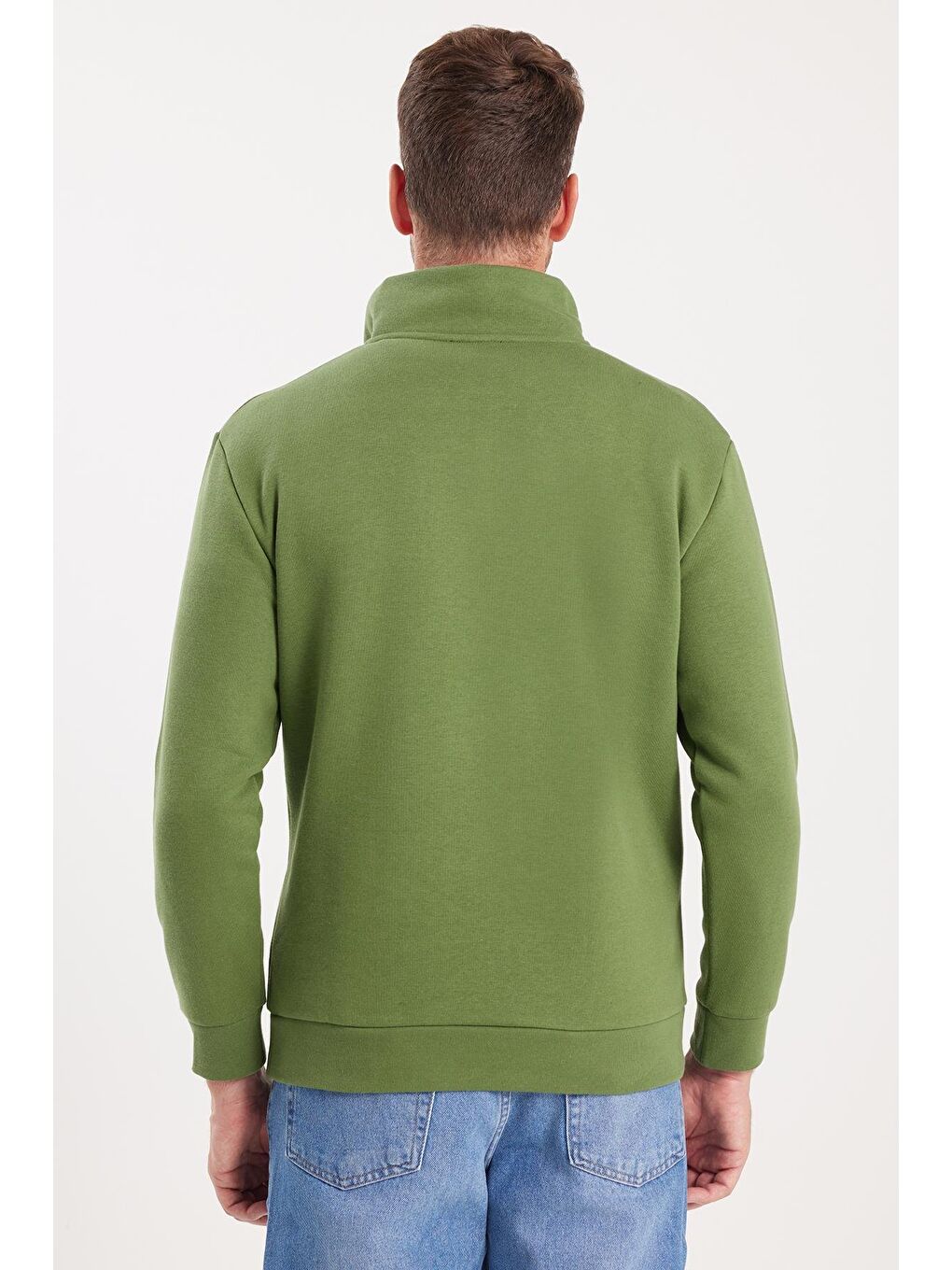 Unisex Relax Fit Rahat Kesim Pamuklu İçi Polarlı Yarım Fermuarlı Yeşil Dik Yaka Sweatshirt-6