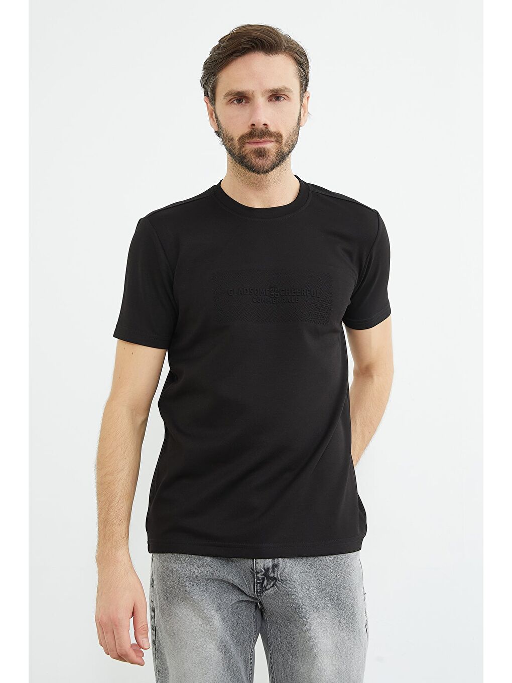 Siyah Slogan Baskılı Bisiklet Yaka Tişört-1