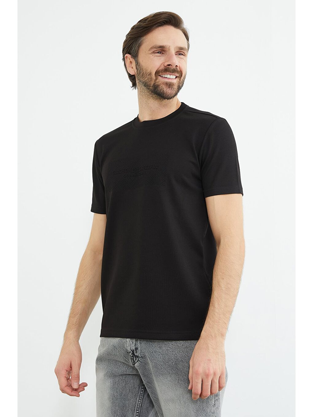 Siyah Slogan Baskılı Bisiklet Yaka Tişört-2